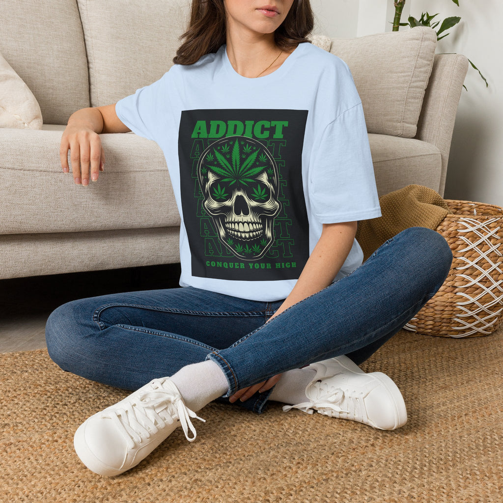 T‑Shirt — "Addict" Skull with Cannabis Leaf Graphic