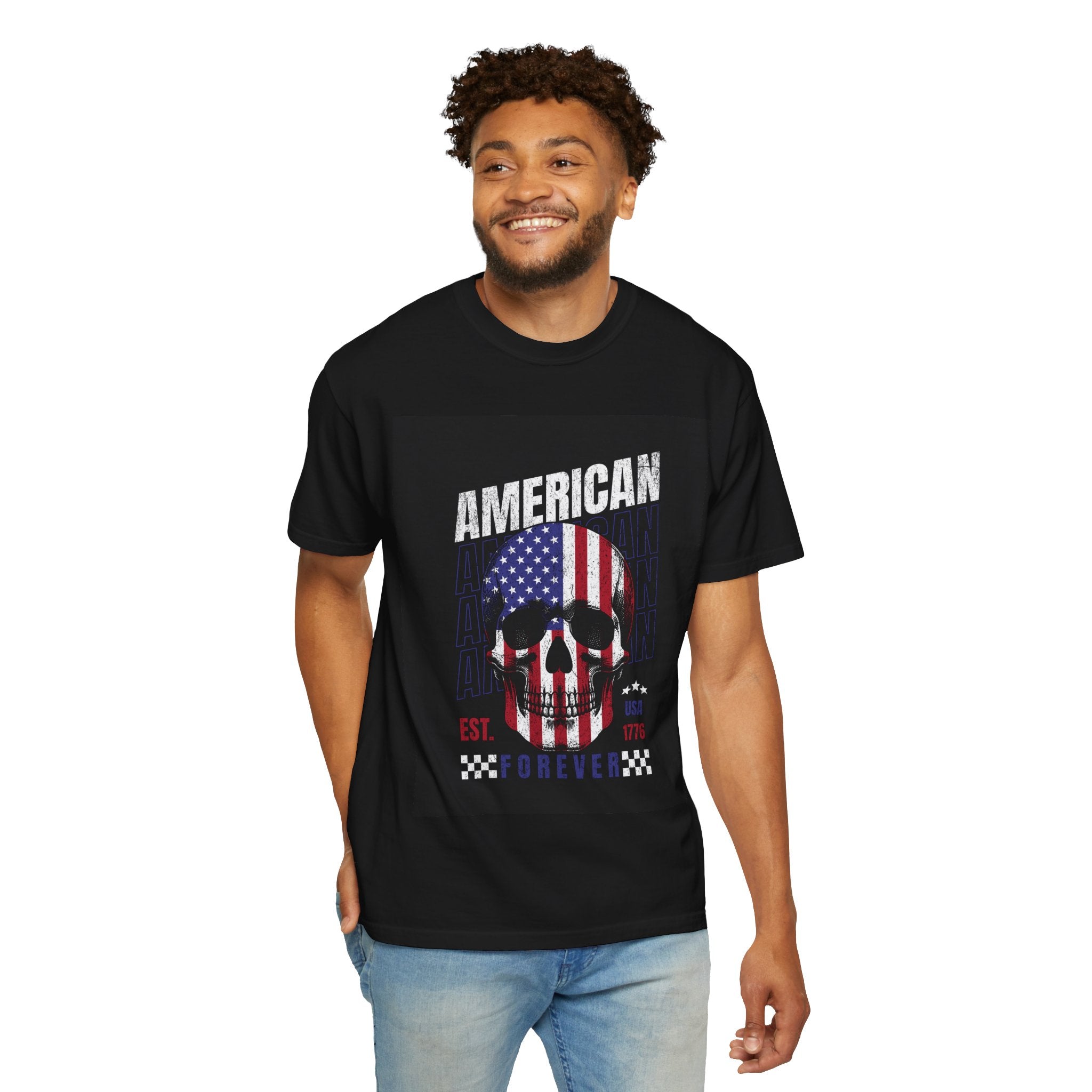 American Skull Flag T-Shirt — "American Forever" Patriotic Graphic Tee