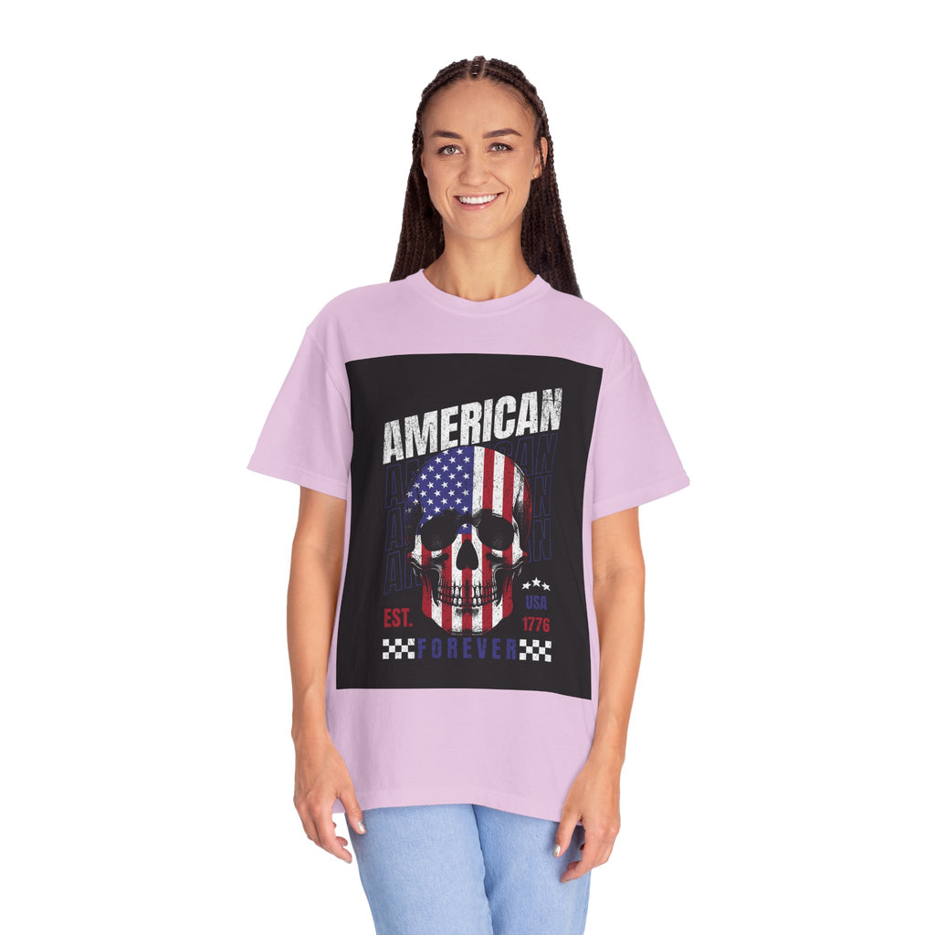 American Skull Flag T-Shirt — "American Forever" Patriotic Graphic Tee