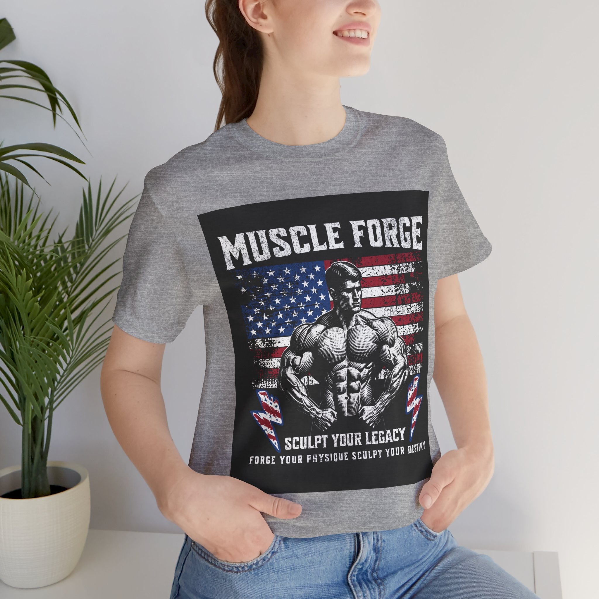 Muscle Forge American Flag Gym Tee — "Sculpt Your Legacy" Fitness T-Shirt