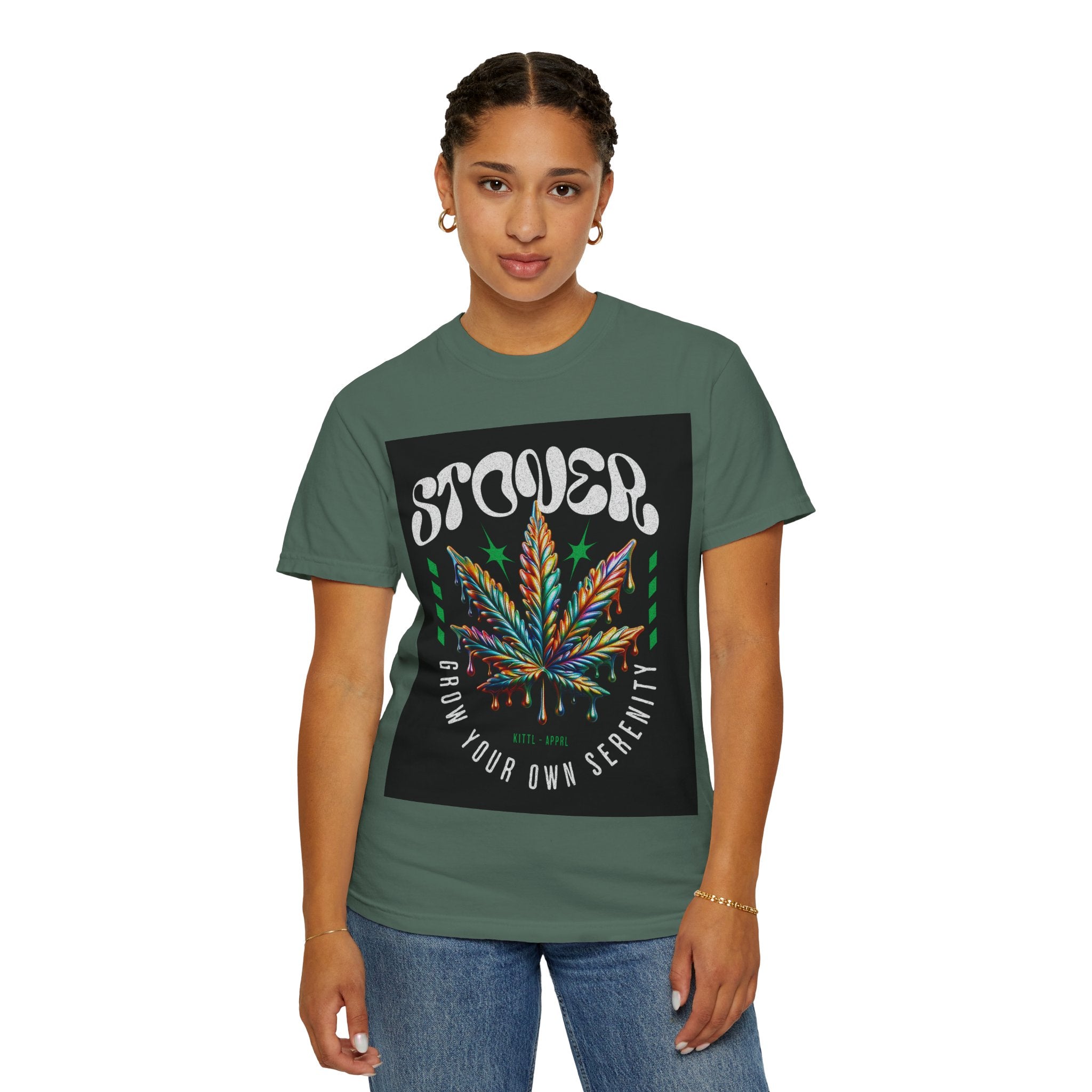 T-Shirt — Stover "Grow Your Own Serenity" Colorful Cannabis Leaf Graphic