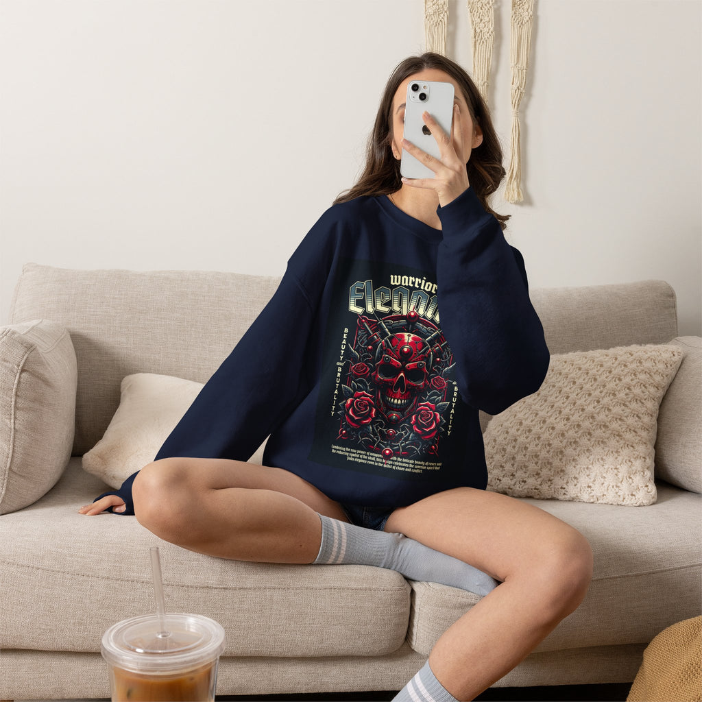 Crewneck Sweatshirt – "Warriors Electric" Skull & Roses Graphic
