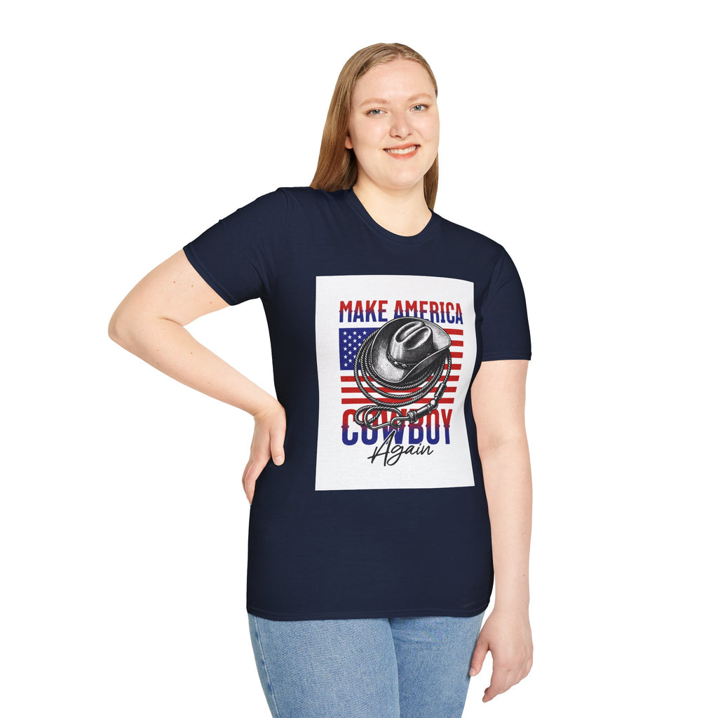 Make America Cowboy Again T-Shirt — Patriotic Western Flag Tee