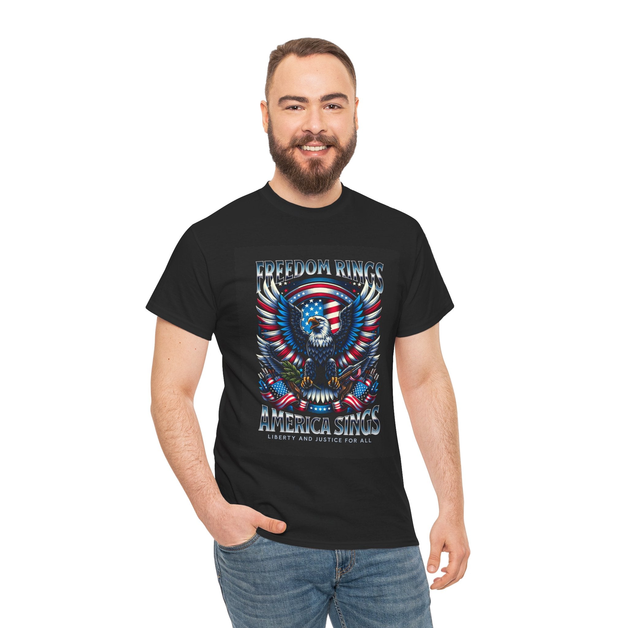Eagle & American Flag Tee — "Freedom Rings, America Sings" Patriotic T-Shirt