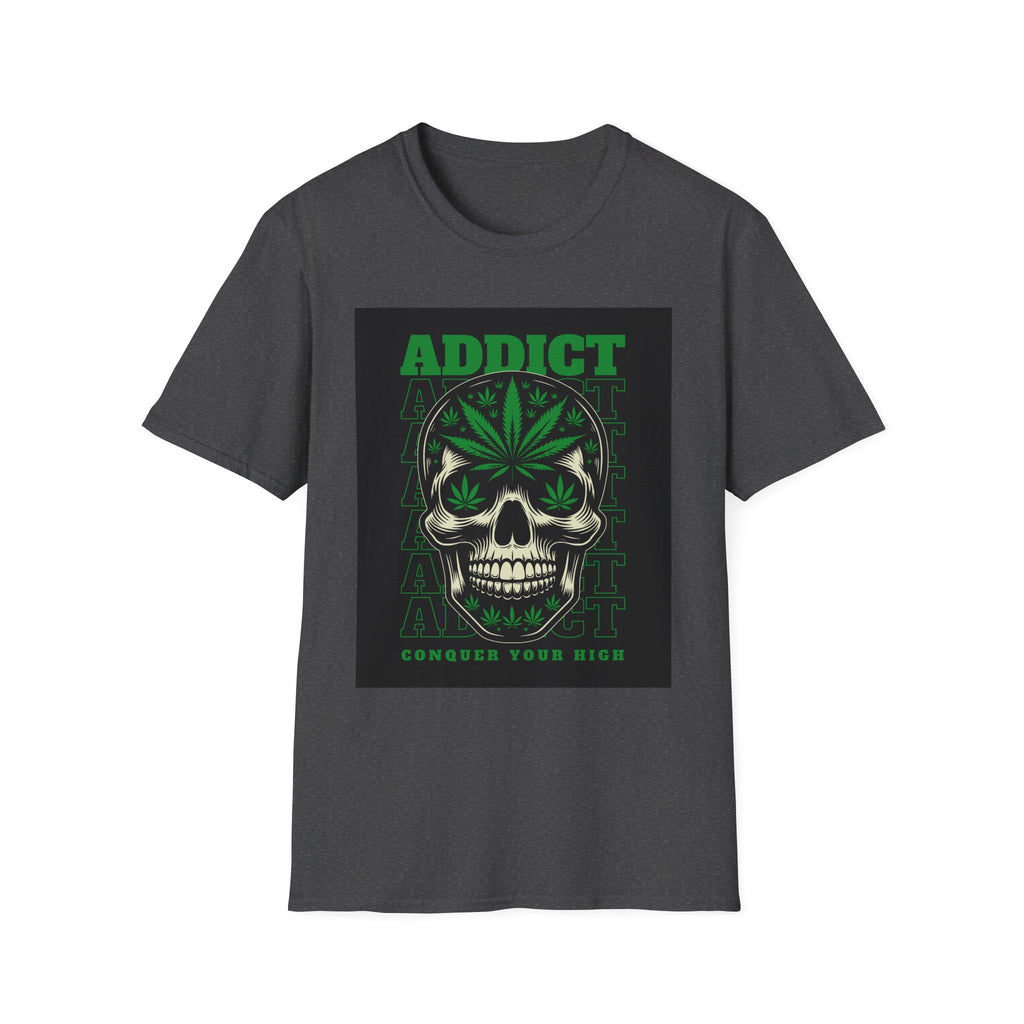 T‑Shirt — "Addict" Skull with Cannabis Leaf Graphic