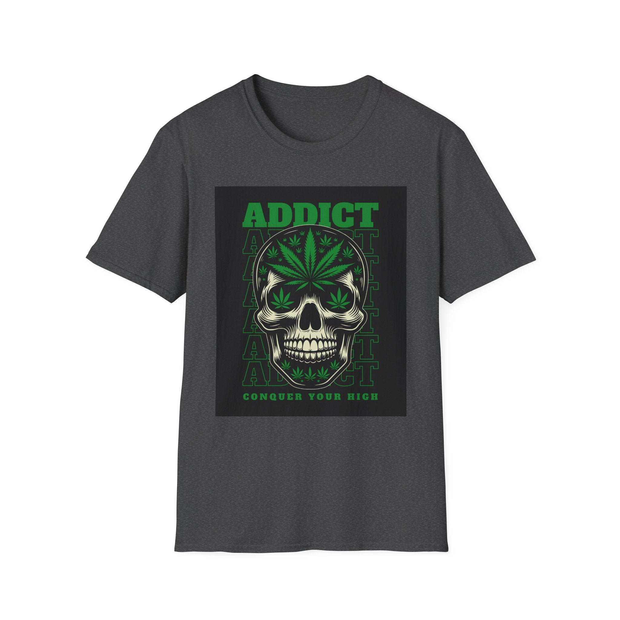 T‑Shirt — "Addict" Skull with Cannabis Leaf Graphic