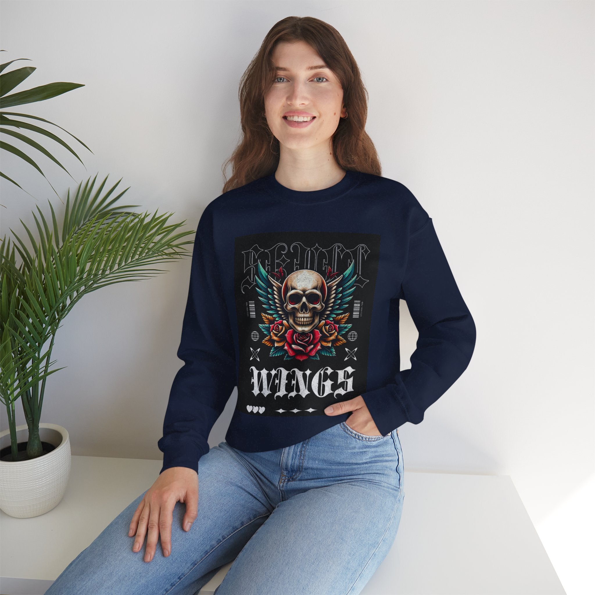 Skull Wings Crewneck Sweatshirt — Vintage Tattoo Skull with Rose Graphic