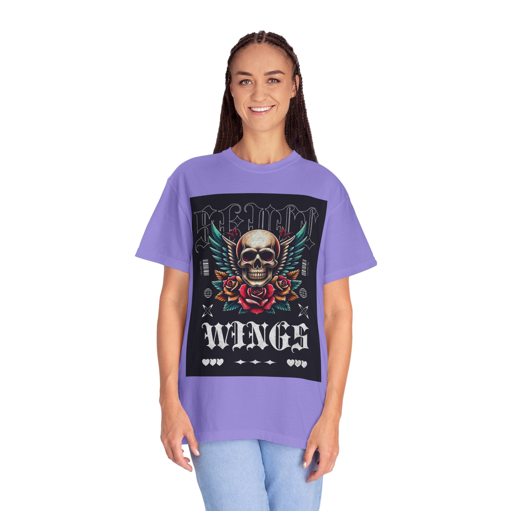 Skull Wings Graphic T-Shirt — Vintage Rock Tattoo Style with Roses