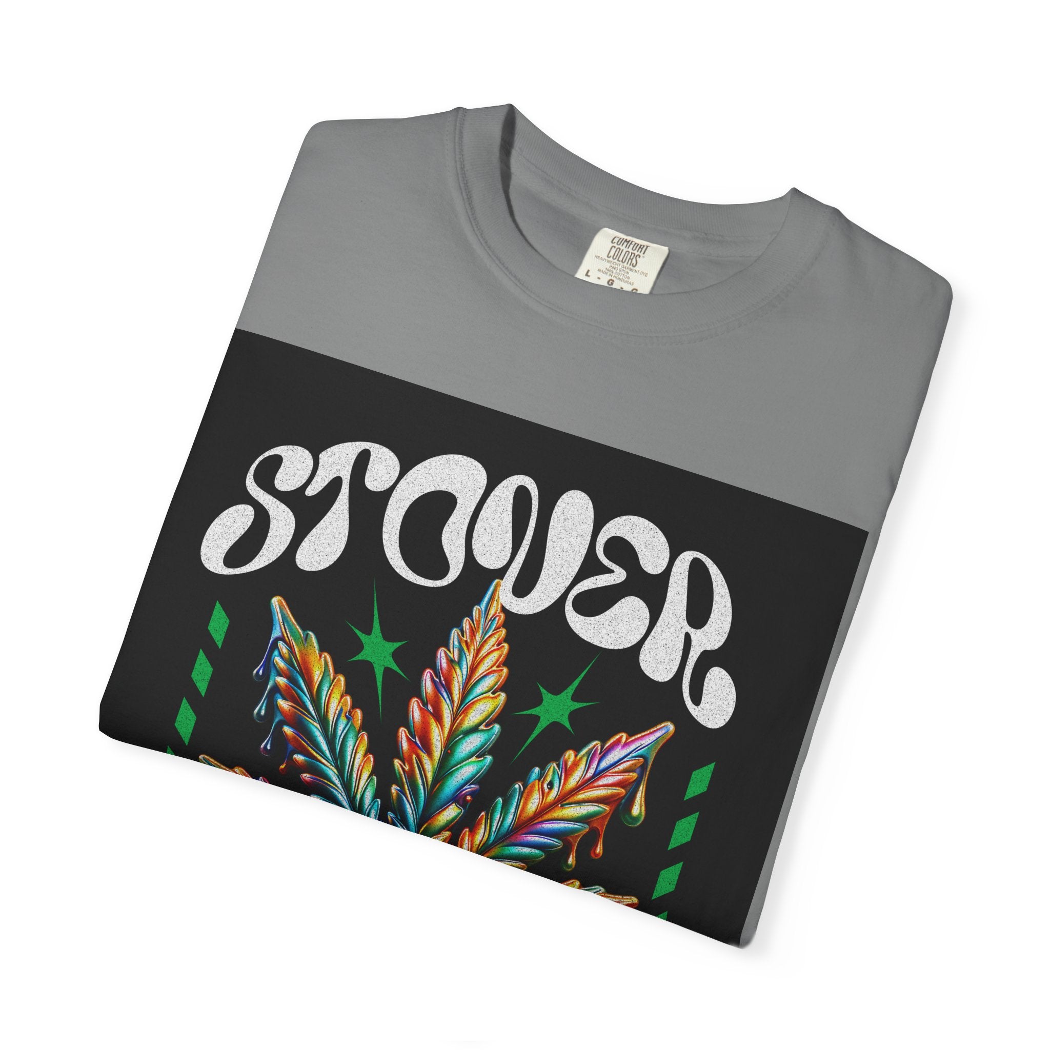 T-Shirt — Stover "Grow Your Own Serenity" Colorful Cannabis Leaf Graphic