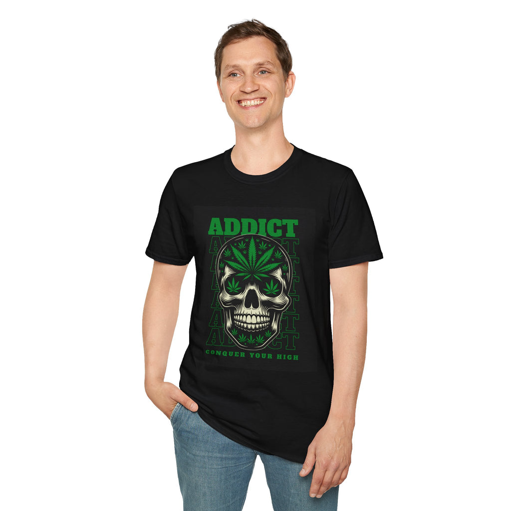 T‑Shirt — "Addict" Skull with Cannabis Leaf Graphic