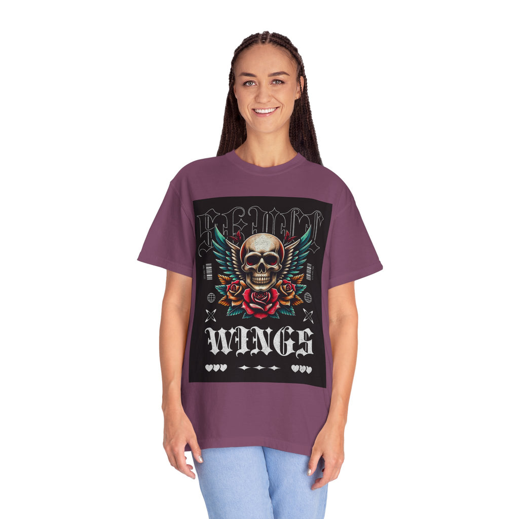 Skull Wings Graphic T-Shirt — Vintage Rock Tattoo Style with Roses