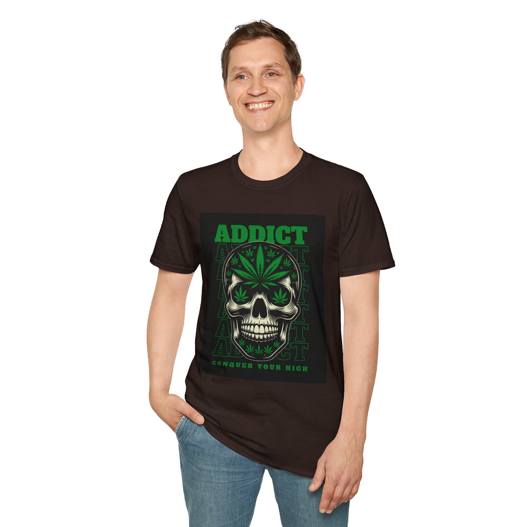 T‑Shirt — "Addict" Skull with Cannabis Leaf Graphic