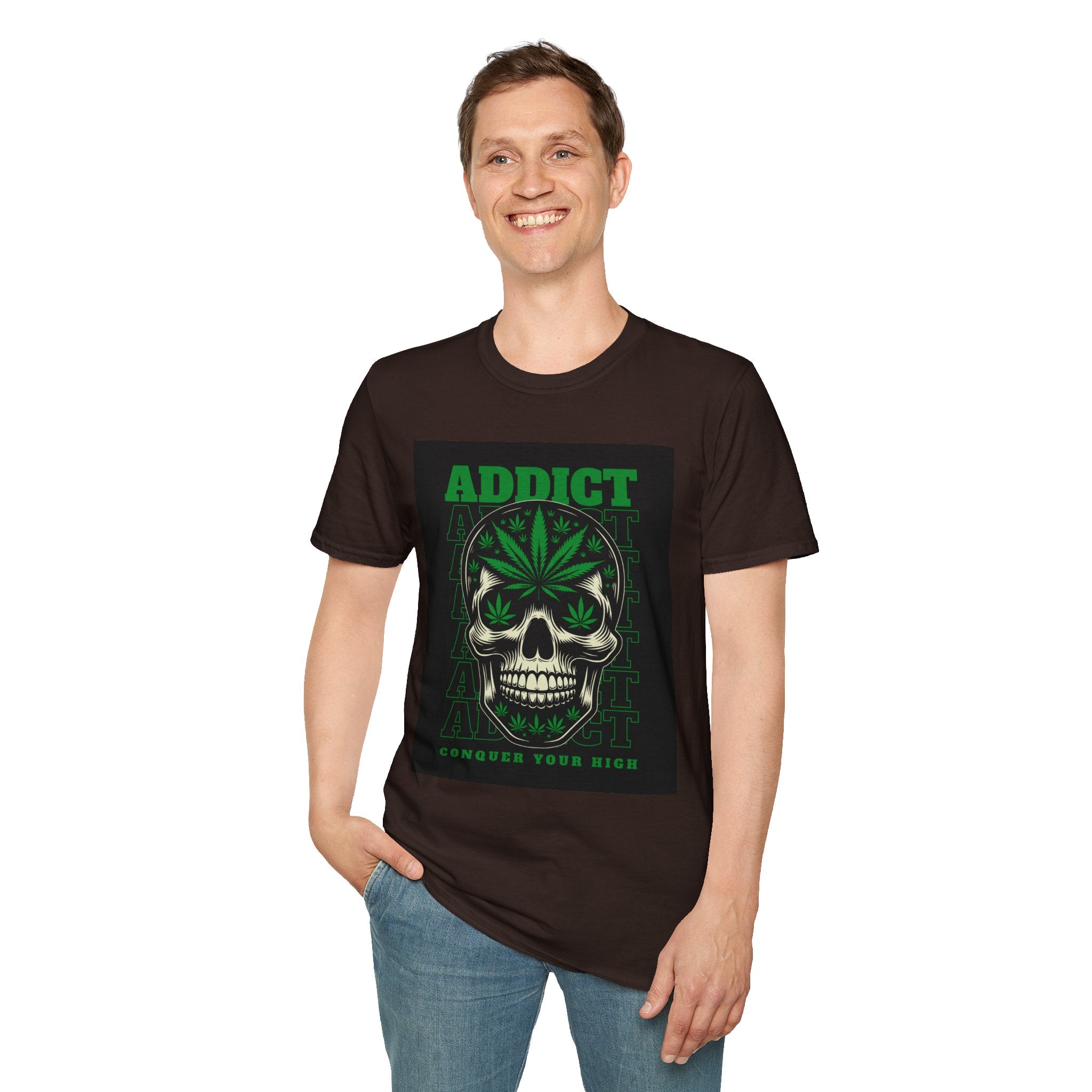 T‑Shirt — "Addict" Skull with Cannabis Leaf Graphic