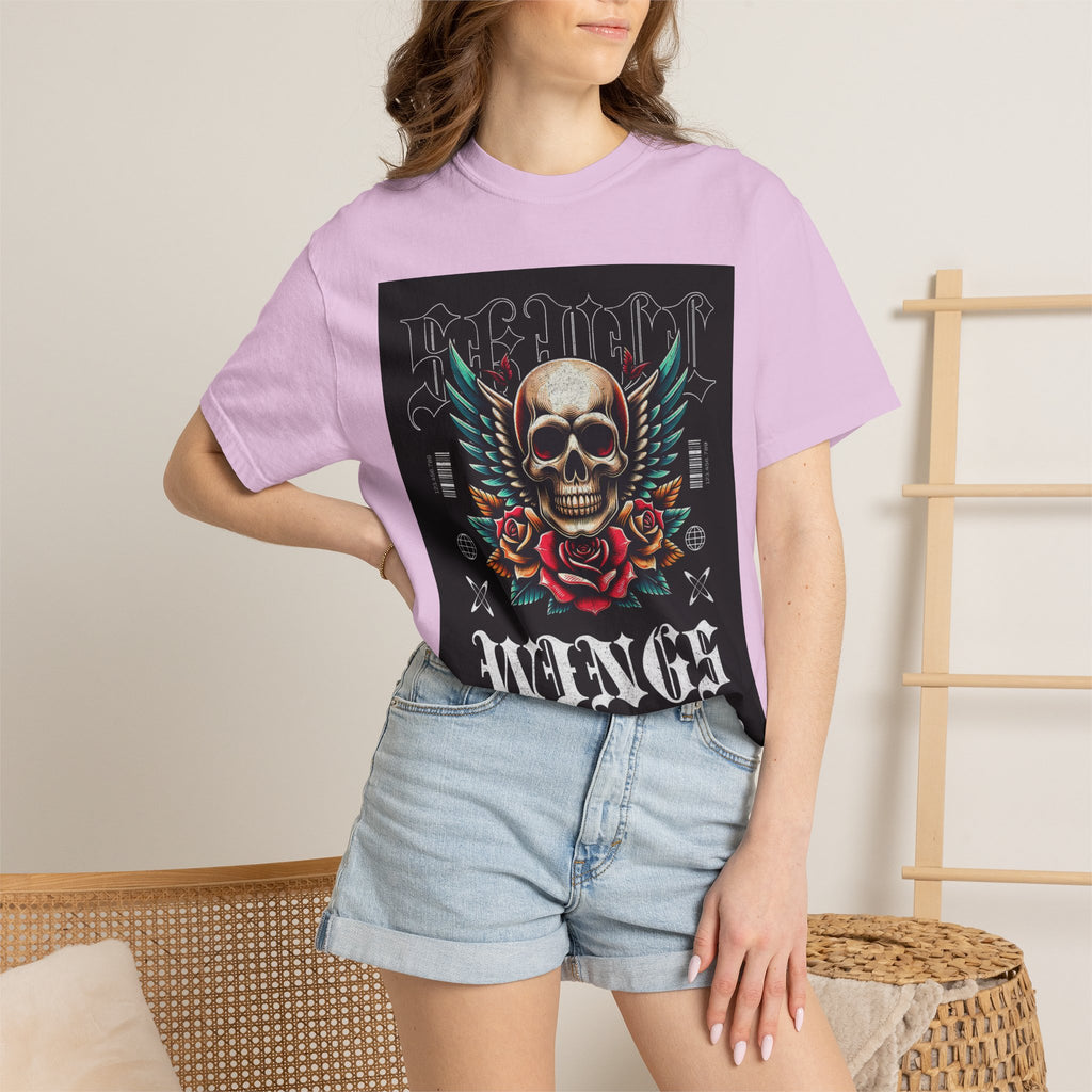 Skull Wings Graphic T-Shirt — Vintage Rock Tattoo Style with Roses