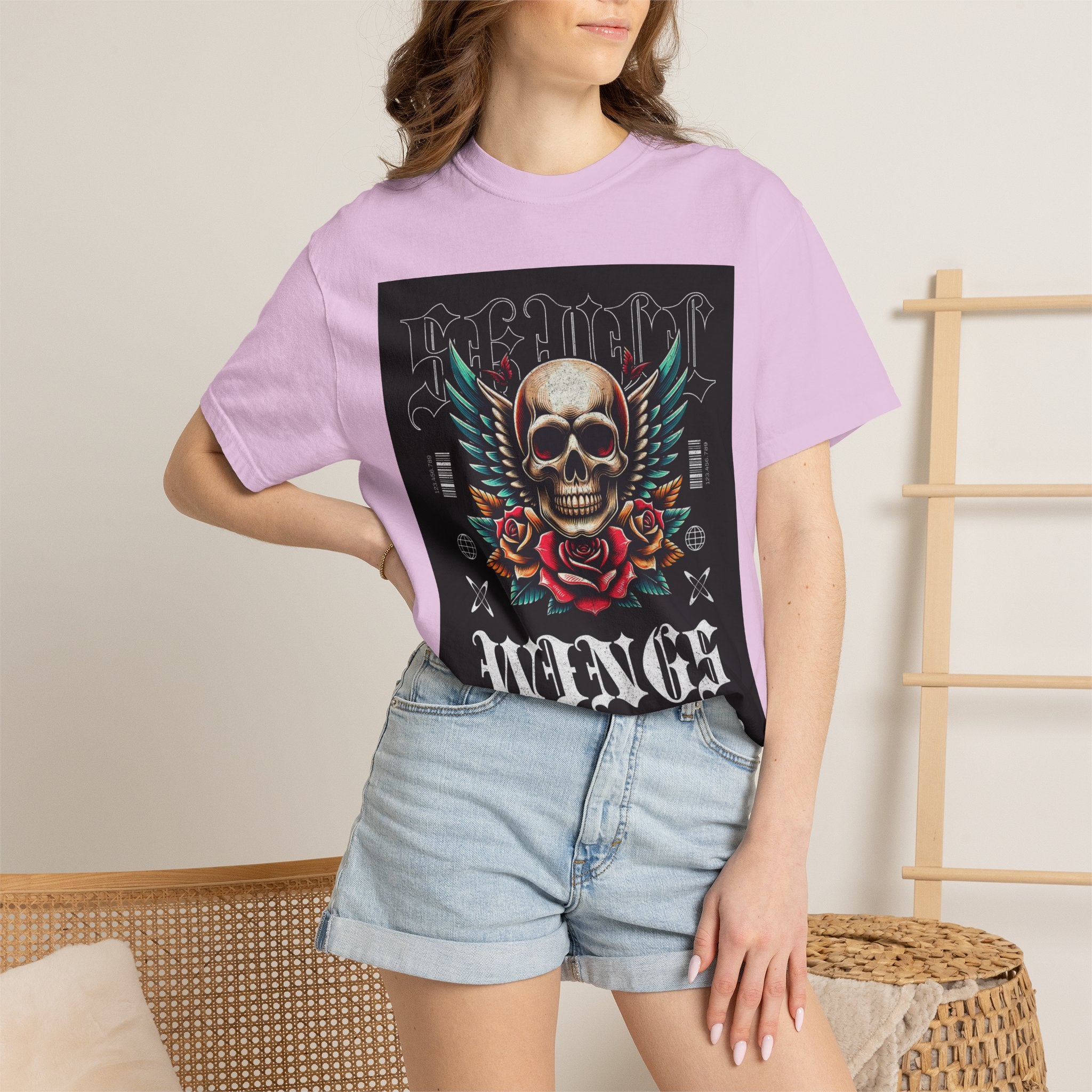 Skull Wings Graphic T-Shirt — Vintage Rock Tattoo Style with Roses