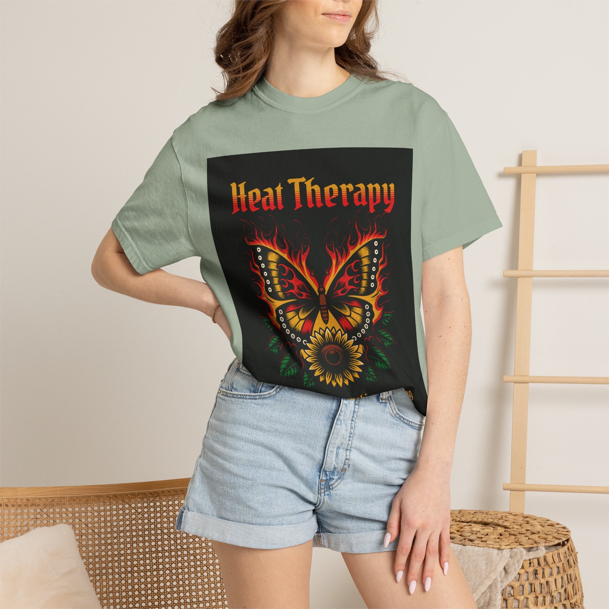 Heat Therapy Butterfly T-Shirt — Retro Floral Sunflower Design