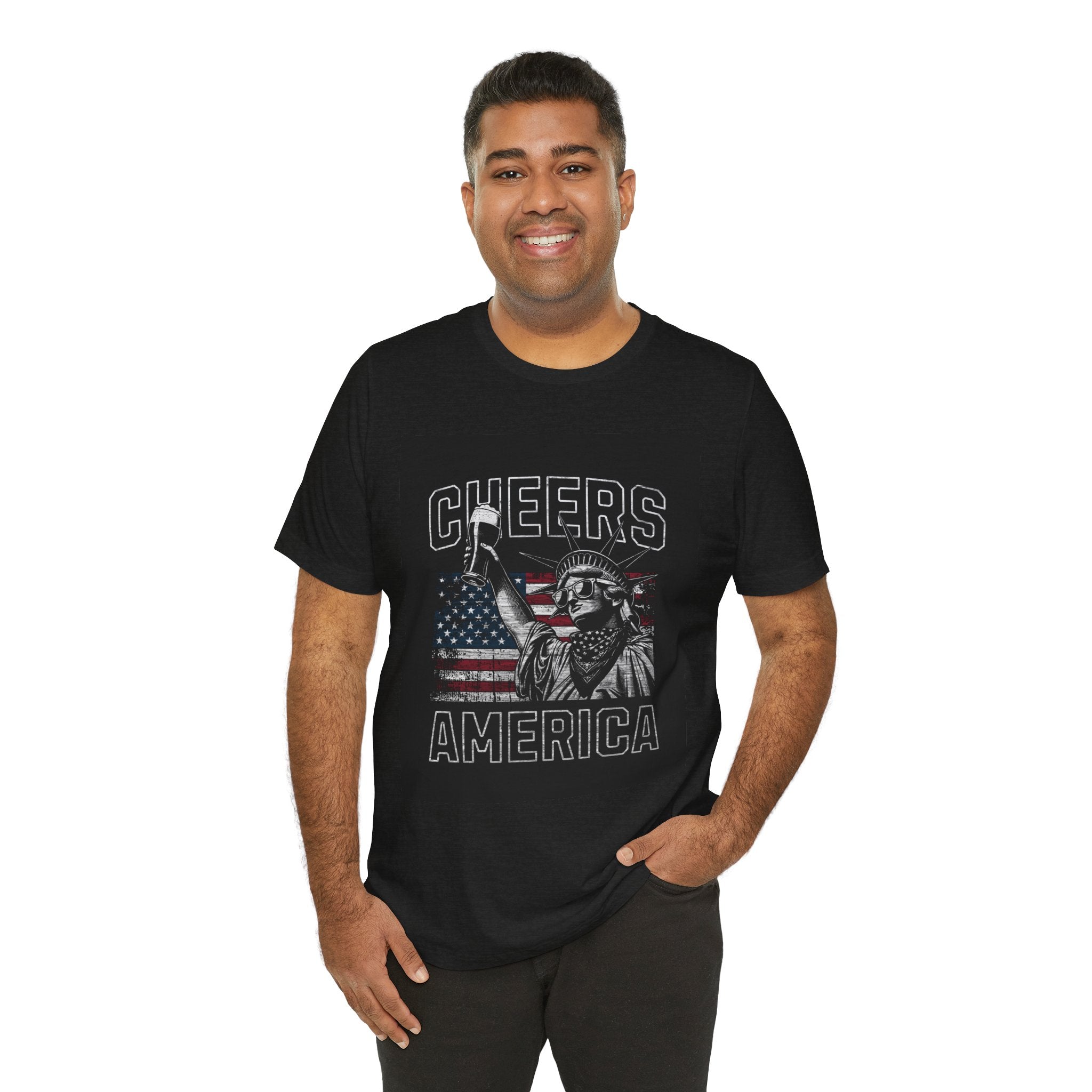 Cheers America T-Shirt — Statue of Liberty Holding Beer & Flag Patriotic Tee