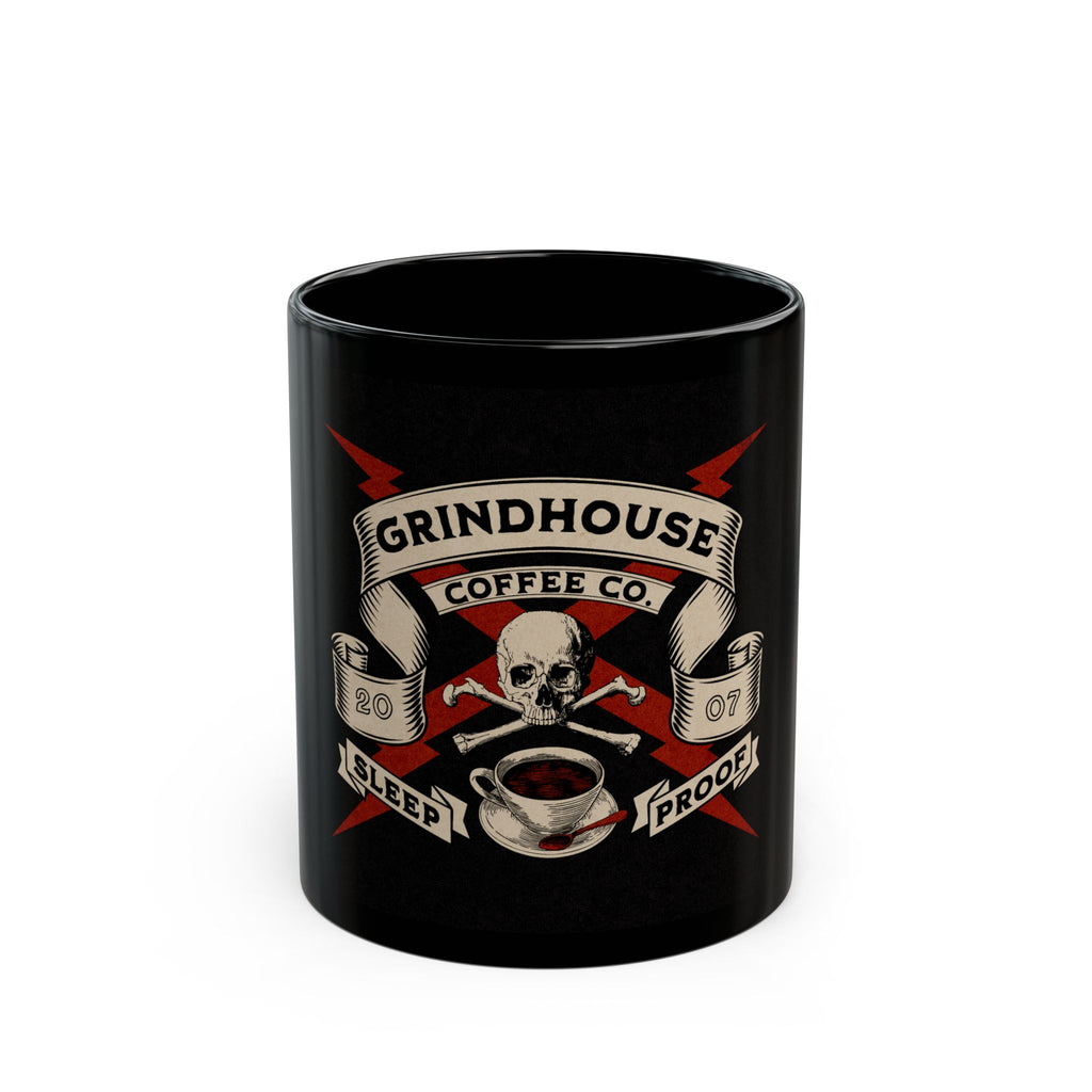Grindhouse Coffee Co. Black Mug – Skull & Crossbones Coffee Cup (11oz/15oz)