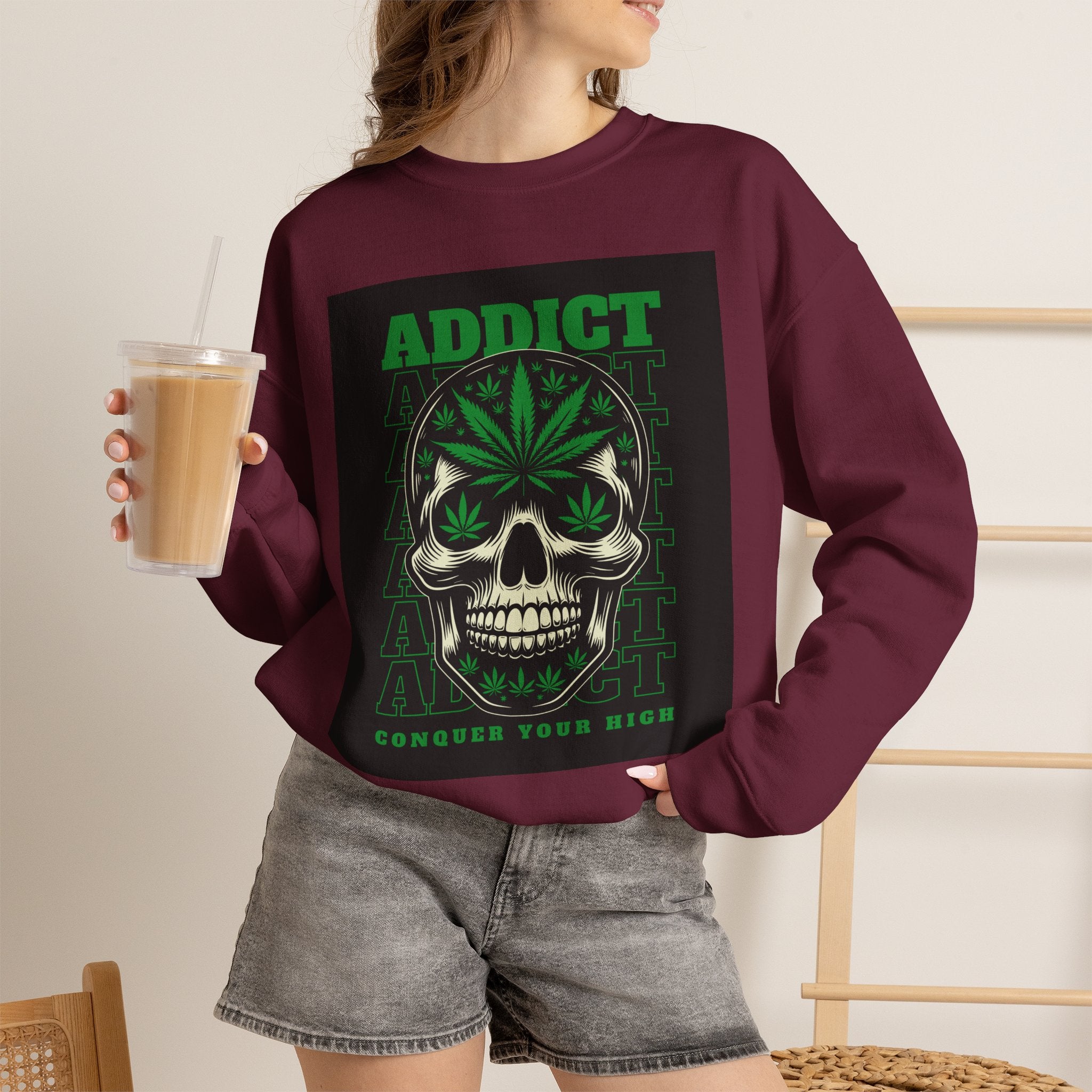 Skull & Cannabis 'Addict' Crewneck Sweatshirt — Conquer Your High Graphic Sweatshirt
