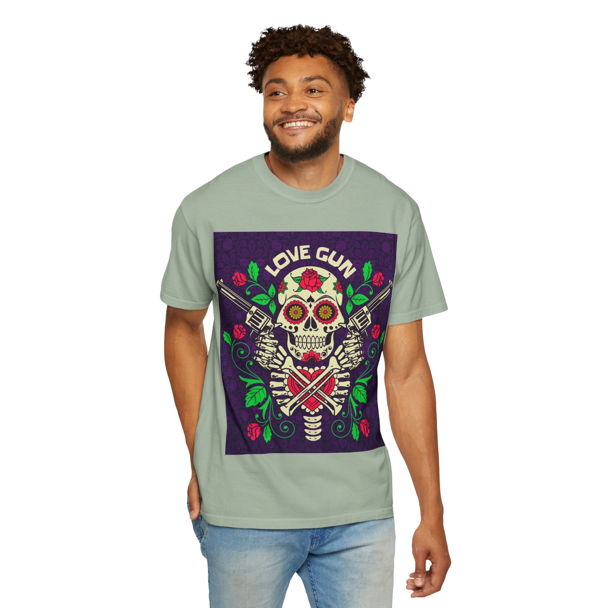 Love Gun Skull T‑Shirt — Day of the Dead Floral Graphic Tee