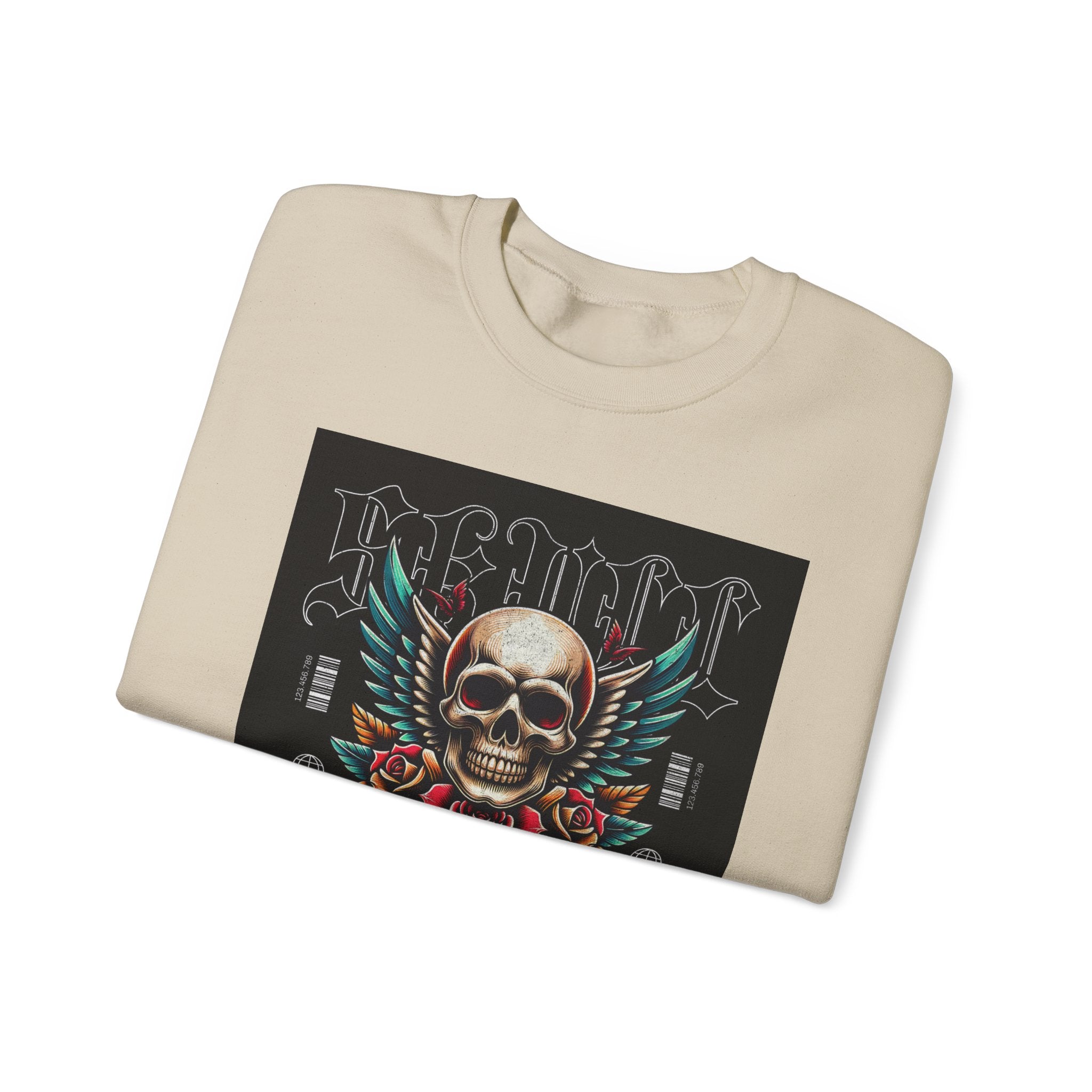 Skull Wings Crewneck Sweatshirt — Vintage Tattoo Skull with Rose Graphic