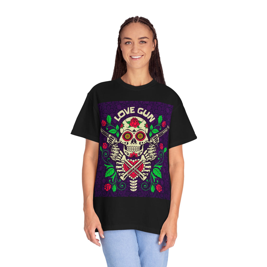 Love Gun Skull T‑Shirt — Day of the Dead Floral Graphic Tee