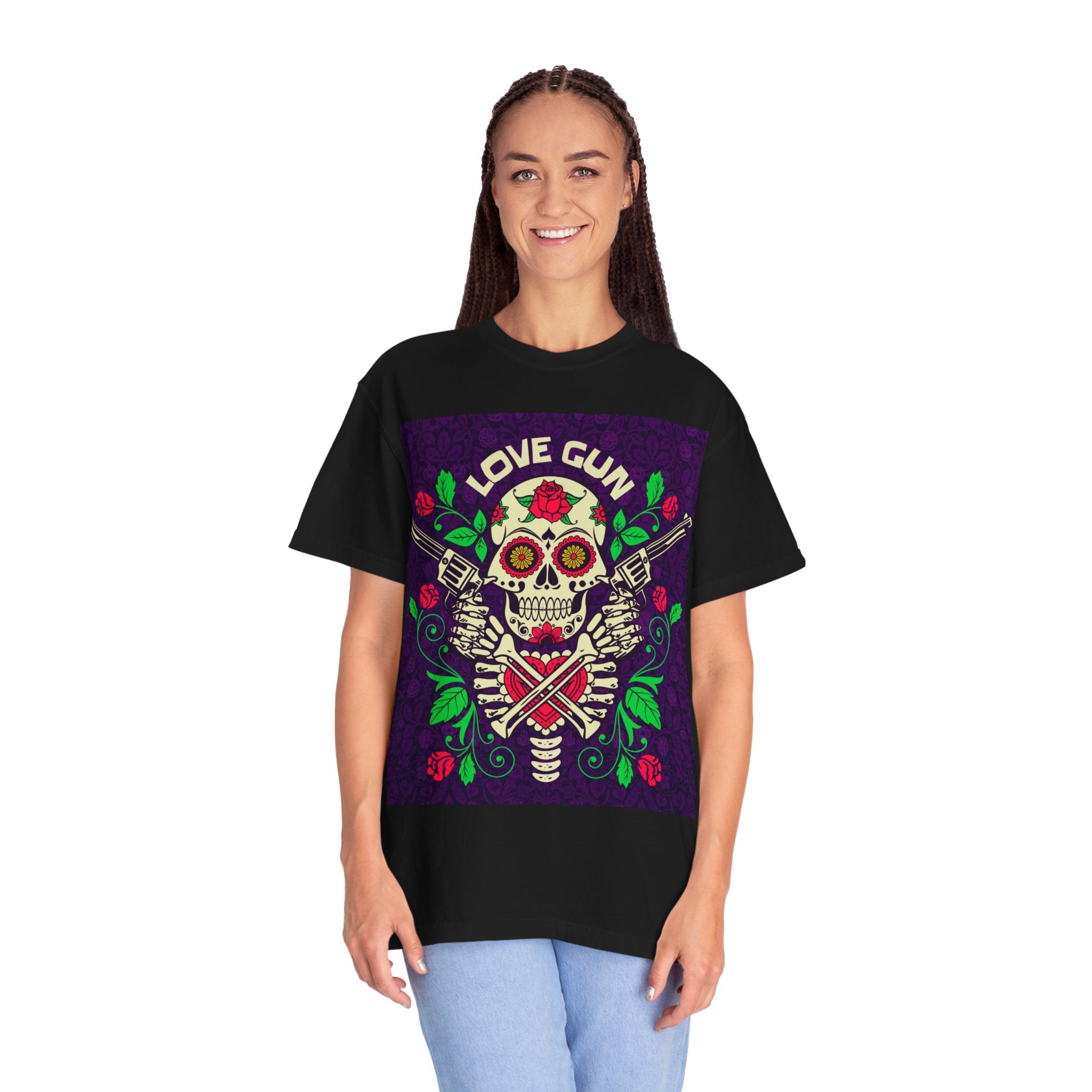 Love Gun Skull T‑Shirt — Day of the Dead Floral Graphic Tee