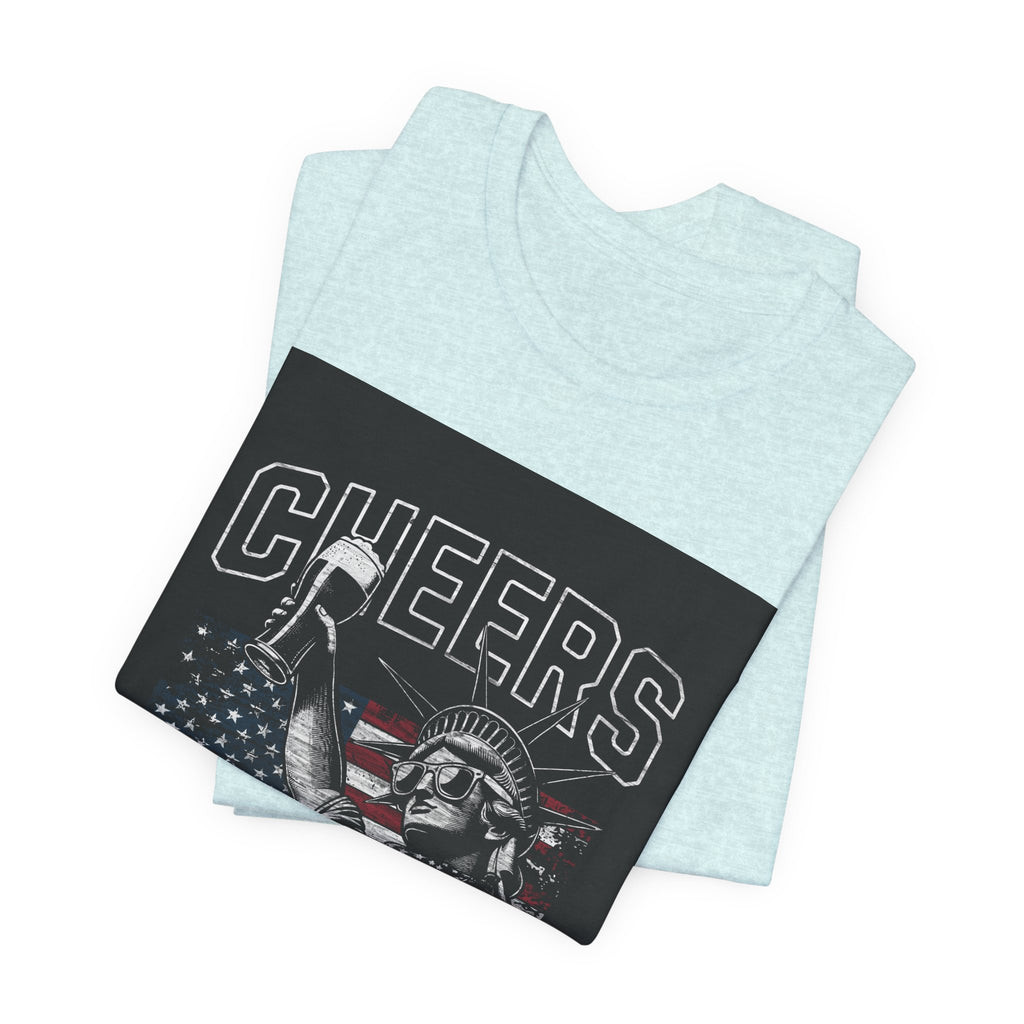 Cheers America T-Shirt — Statue of Liberty Holding Beer & Flag Patriotic Tee
