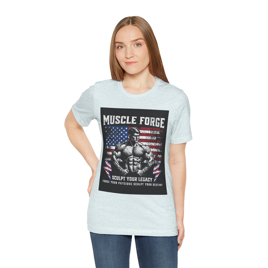 Muscle Forge American Flag Gym Tee — "Sculpt Your Legacy" Fitness T-Shirt