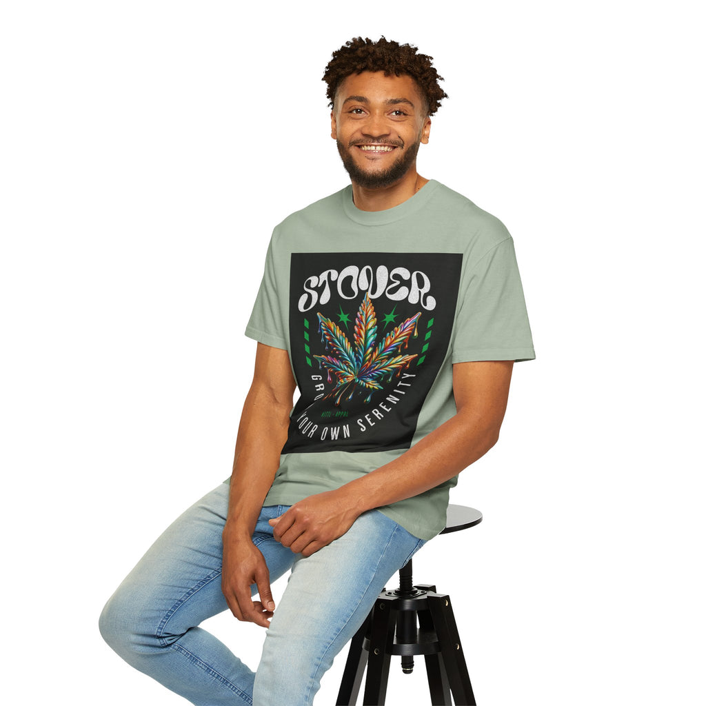 T-Shirt — Stover "Grow Your Own Serenity" Colorful Cannabis Leaf Graphic