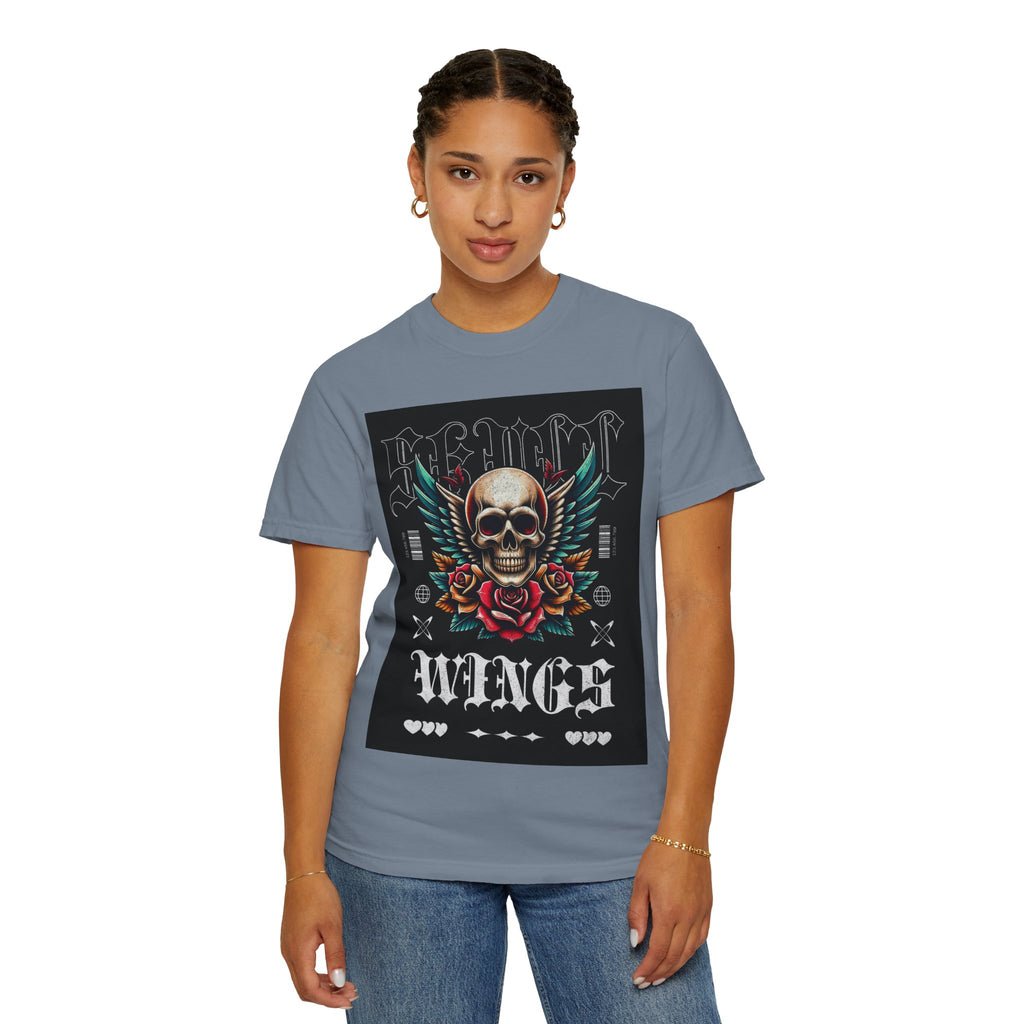 Skull Wings Graphic T-Shirt — Vintage Rock Tattoo Style with Roses