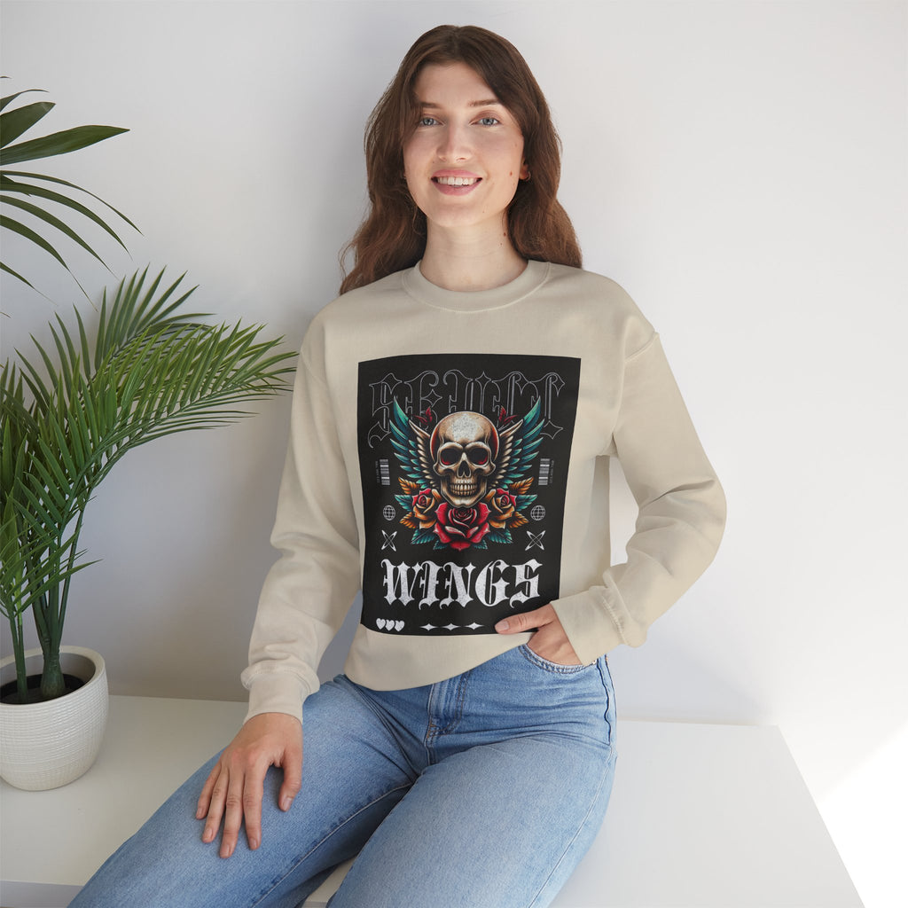 Skull Wings Crewneck Sweatshirt — Vintage Tattoo Skull with Rose Graphic