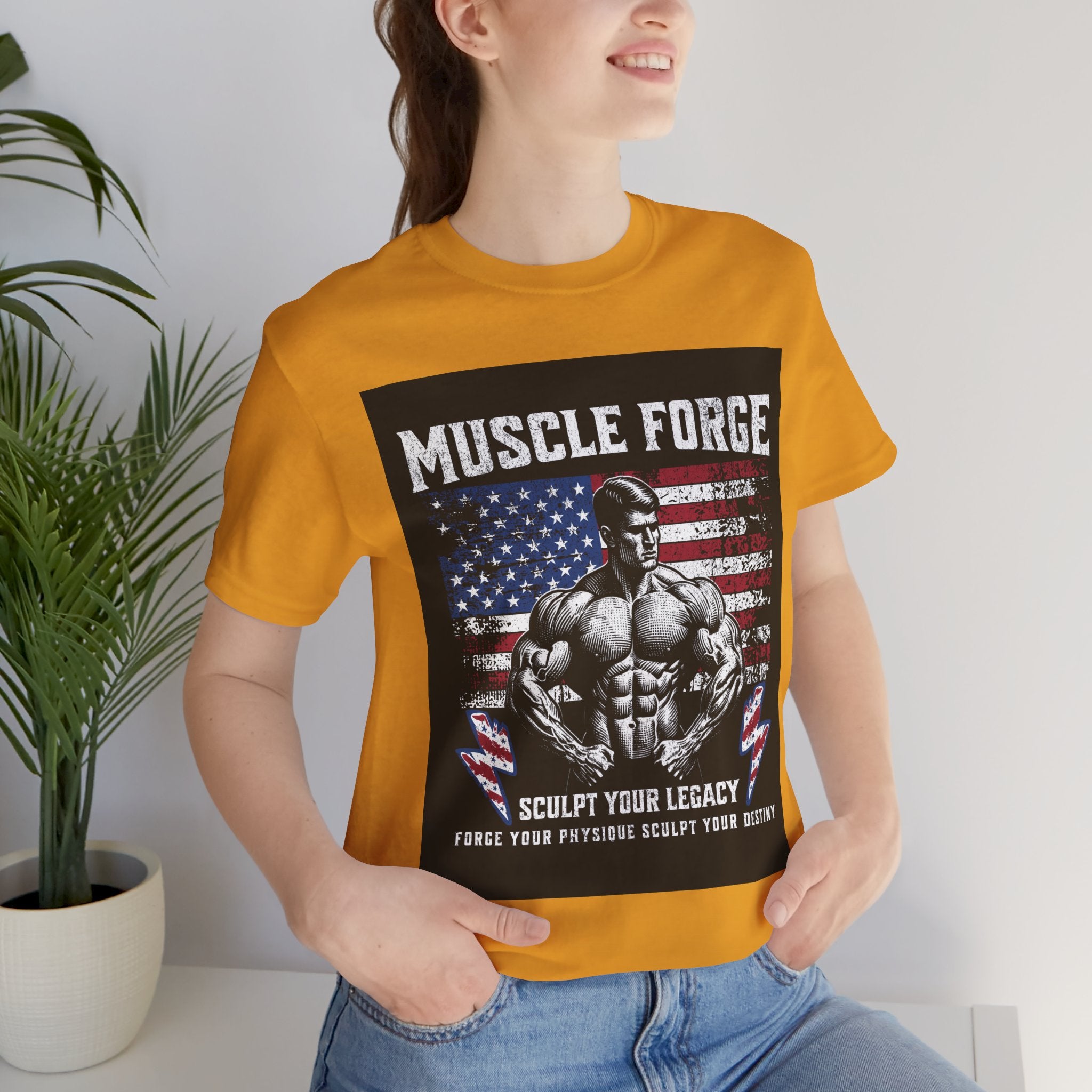 Muscle Forge American Flag Gym Tee — "Sculpt Your Legacy" Fitness T-Shirt