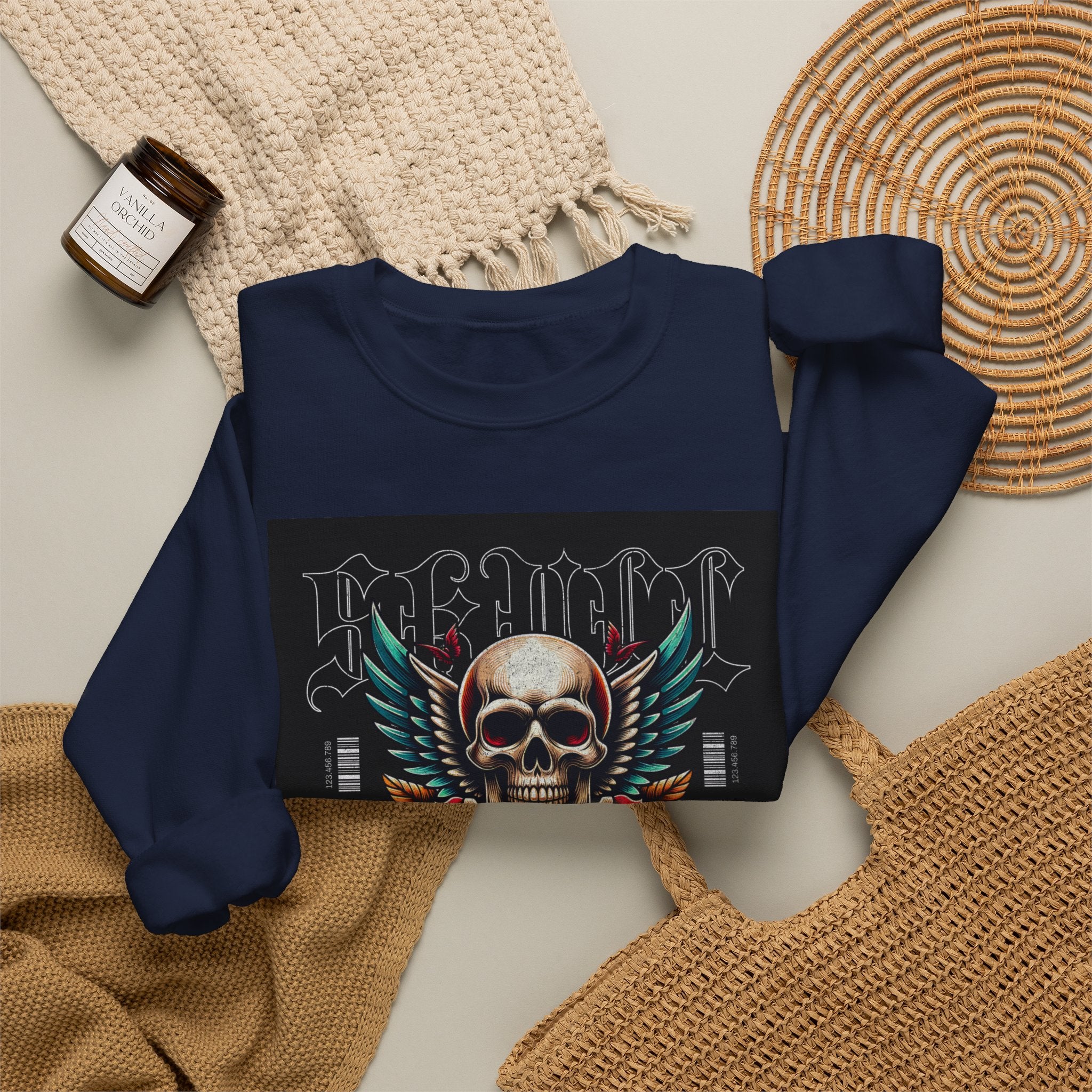 Skull Wings Crewneck Sweatshirt — Vintage Tattoo Skull with Rose Graphic