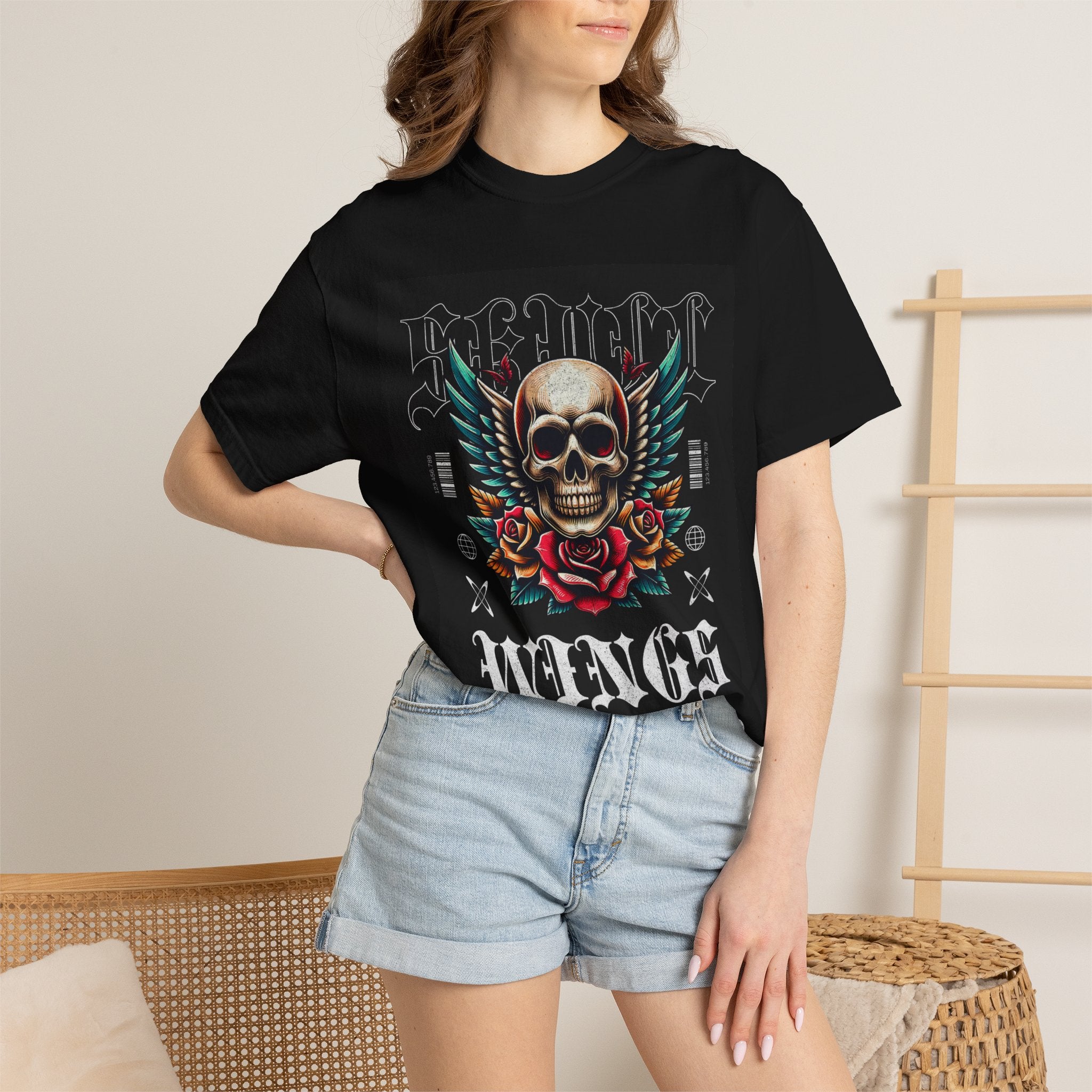 Skull Wings Graphic T-Shirt — Vintage Rock Tattoo Style with Roses