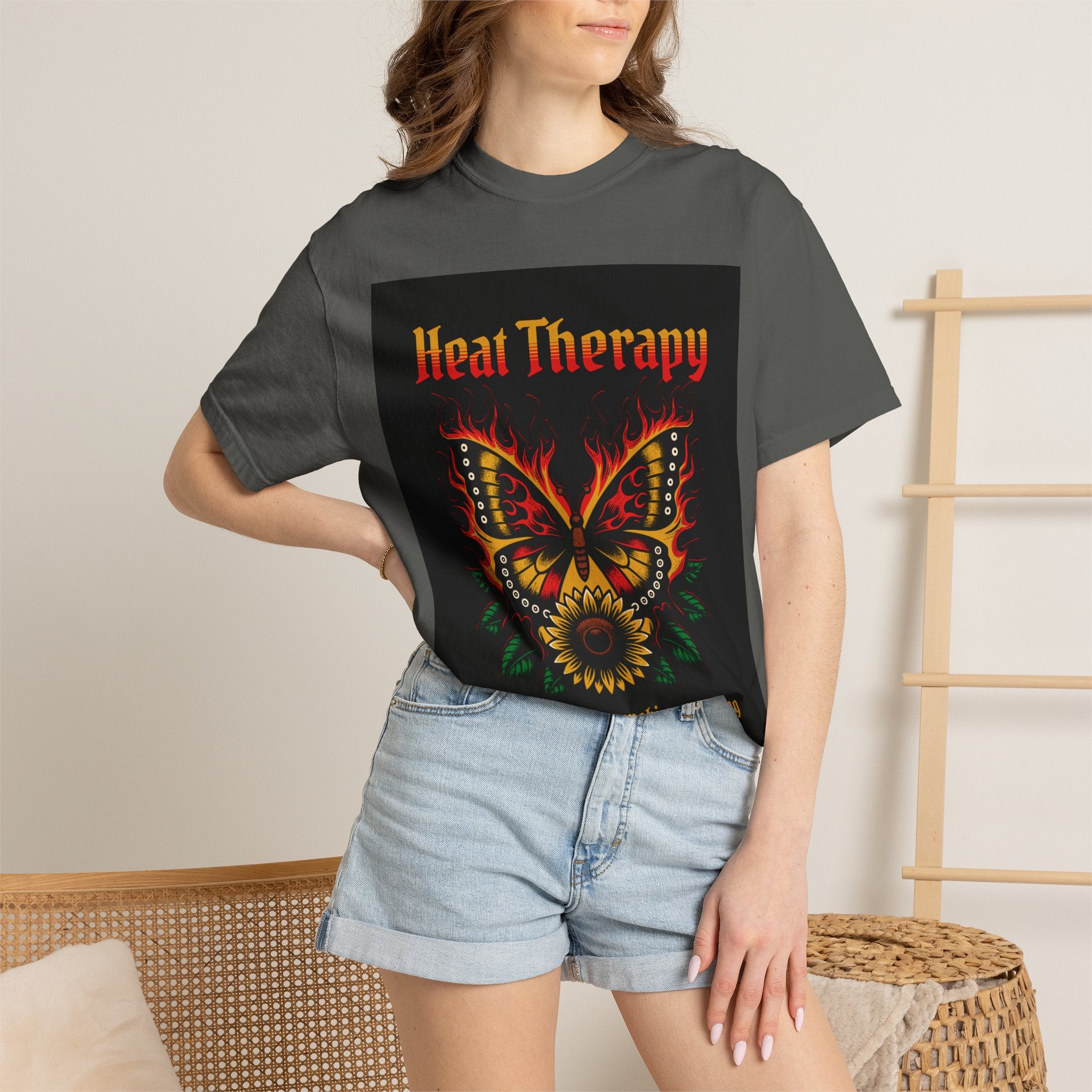 Heat Therapy Butterfly T-Shirt — Retro Floral Sunflower Design