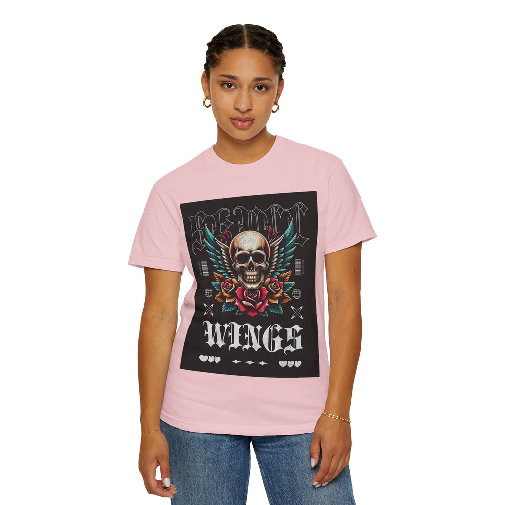 Skull Wings Graphic T-Shirt — Vintage Rock Tattoo Style with Roses