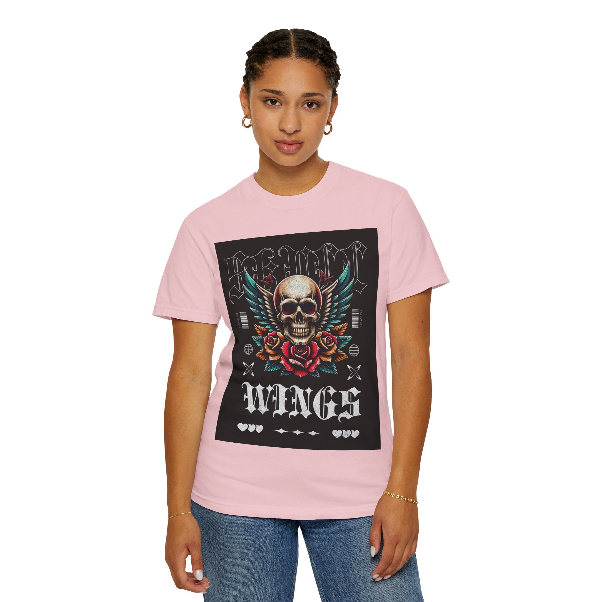 Skull Wings Graphic T-Shirt — Vintage Rock Tattoo Style with Roses