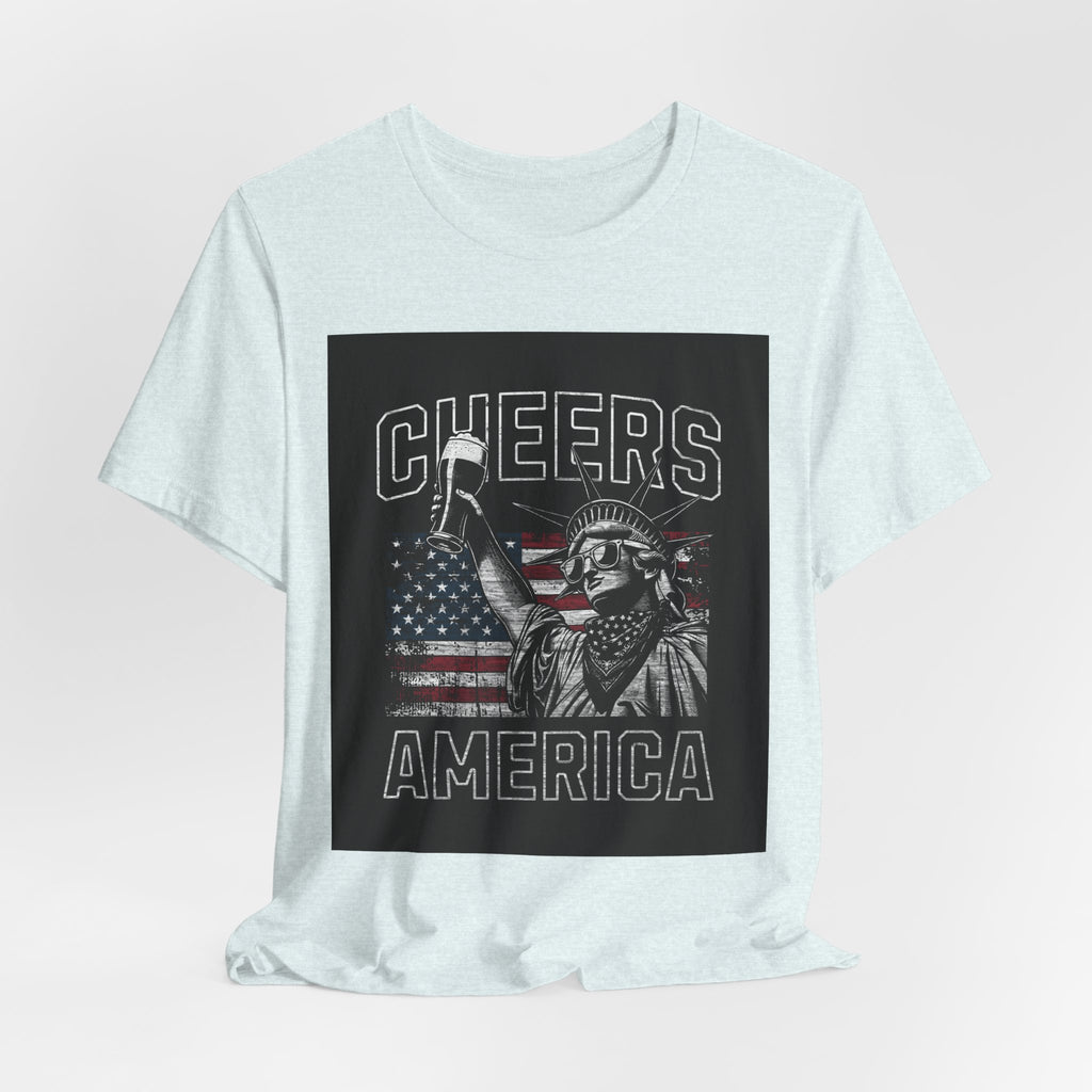 Cheers America T-Shirt — Statue of Liberty Holding Beer & Flag Patriotic Tee