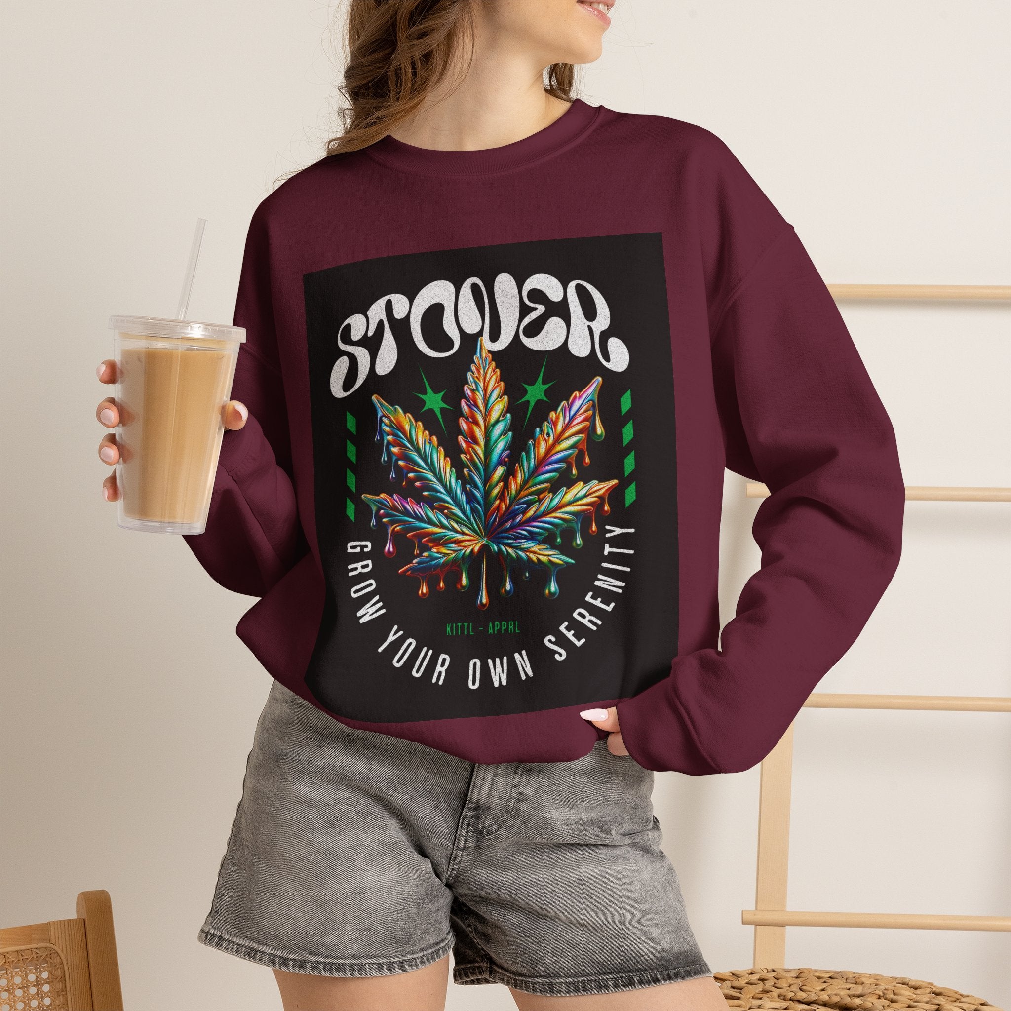 Sweatshirt — Stoner 'Grow Your Own Serenity' Colorful Cannabis Leaf Crewneck