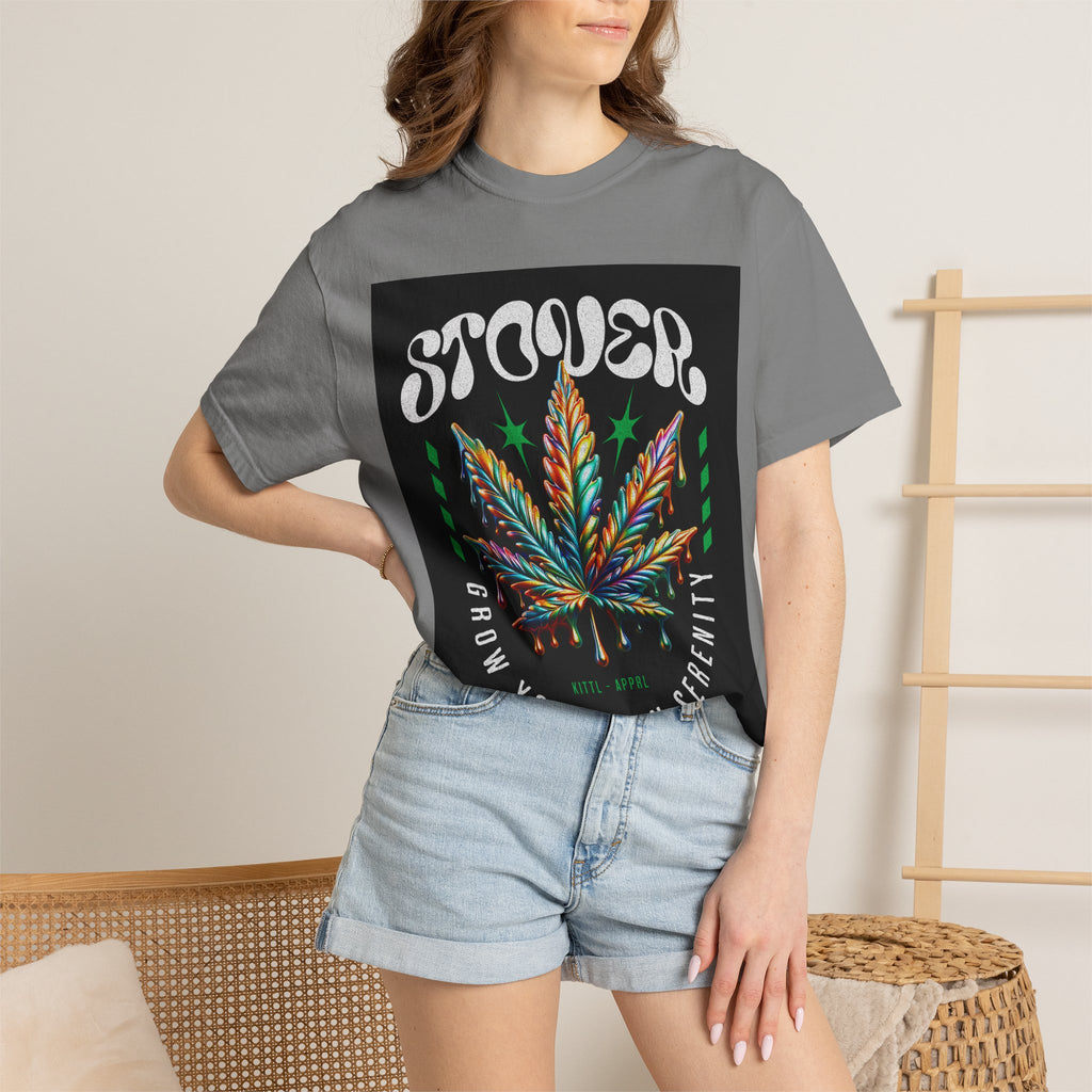 T-Shirt — Stover "Grow Your Own Serenity" Colorful Cannabis Leaf Graphic