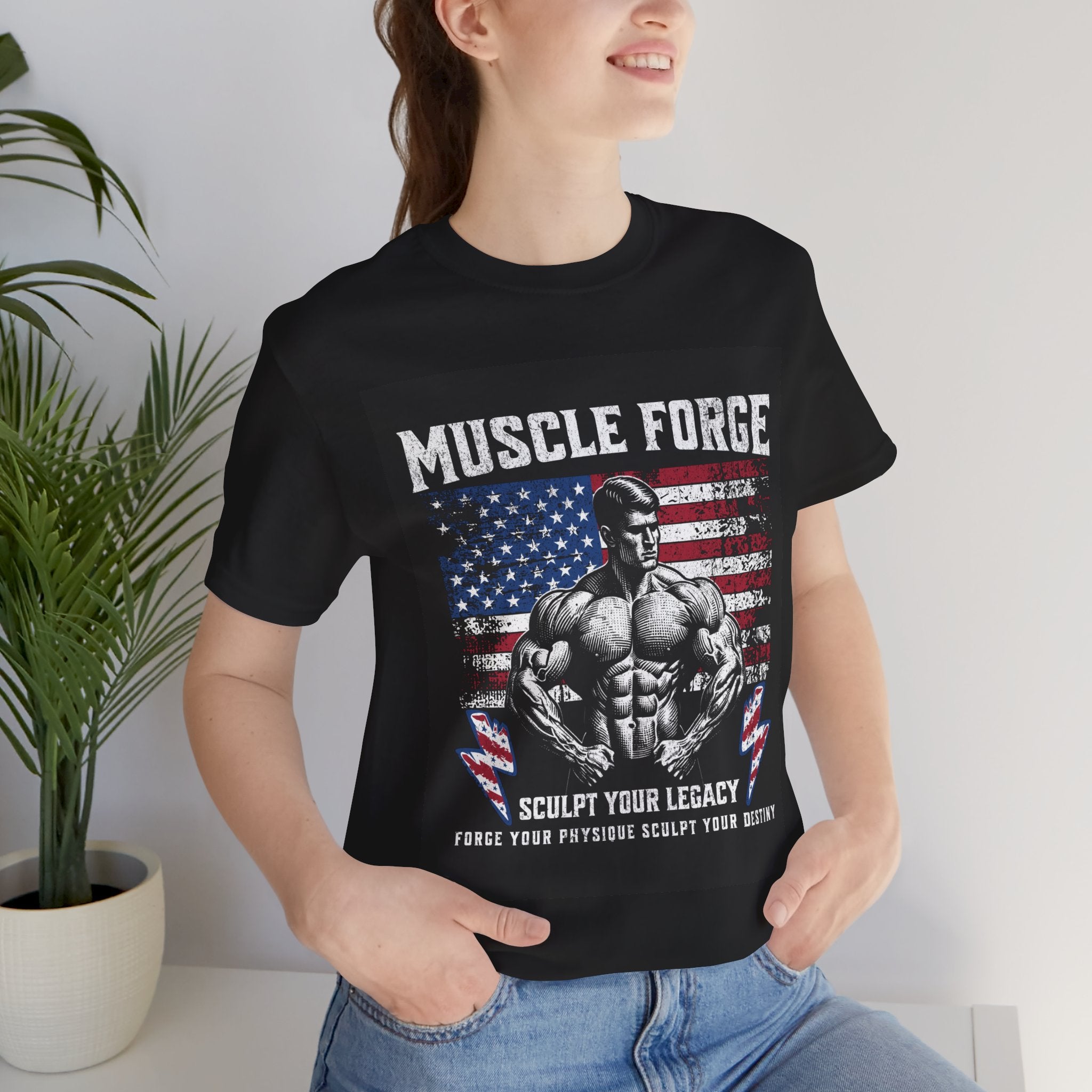 Muscle Forge American Flag Gym Tee — "Sculpt Your Legacy" Fitness T-Shirt