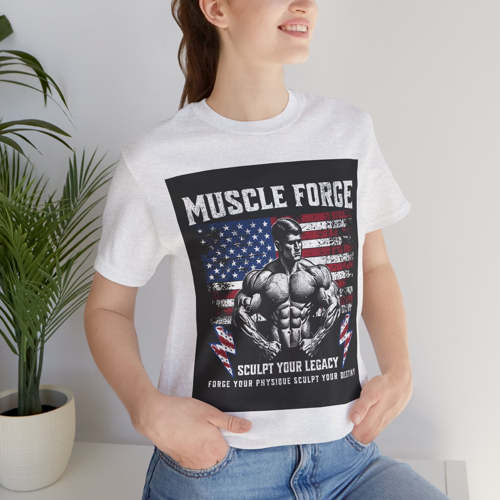 Muscle Forge American Flag Gym Tee — "Sculpt Your Legacy" Fitness T-Shirt