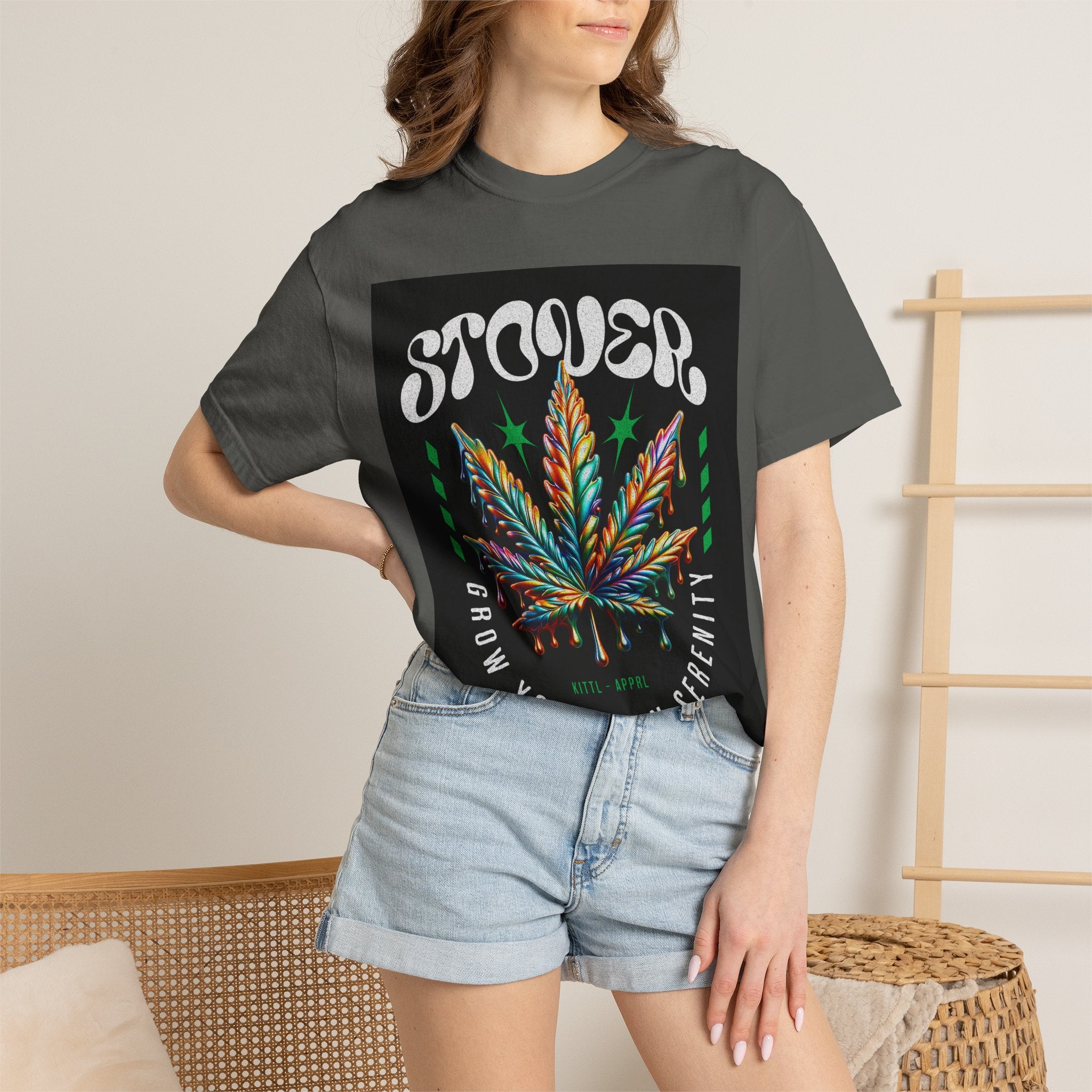 T-Shirt — Stover "Grow Your Own Serenity" Colorful Cannabis Leaf Graphic