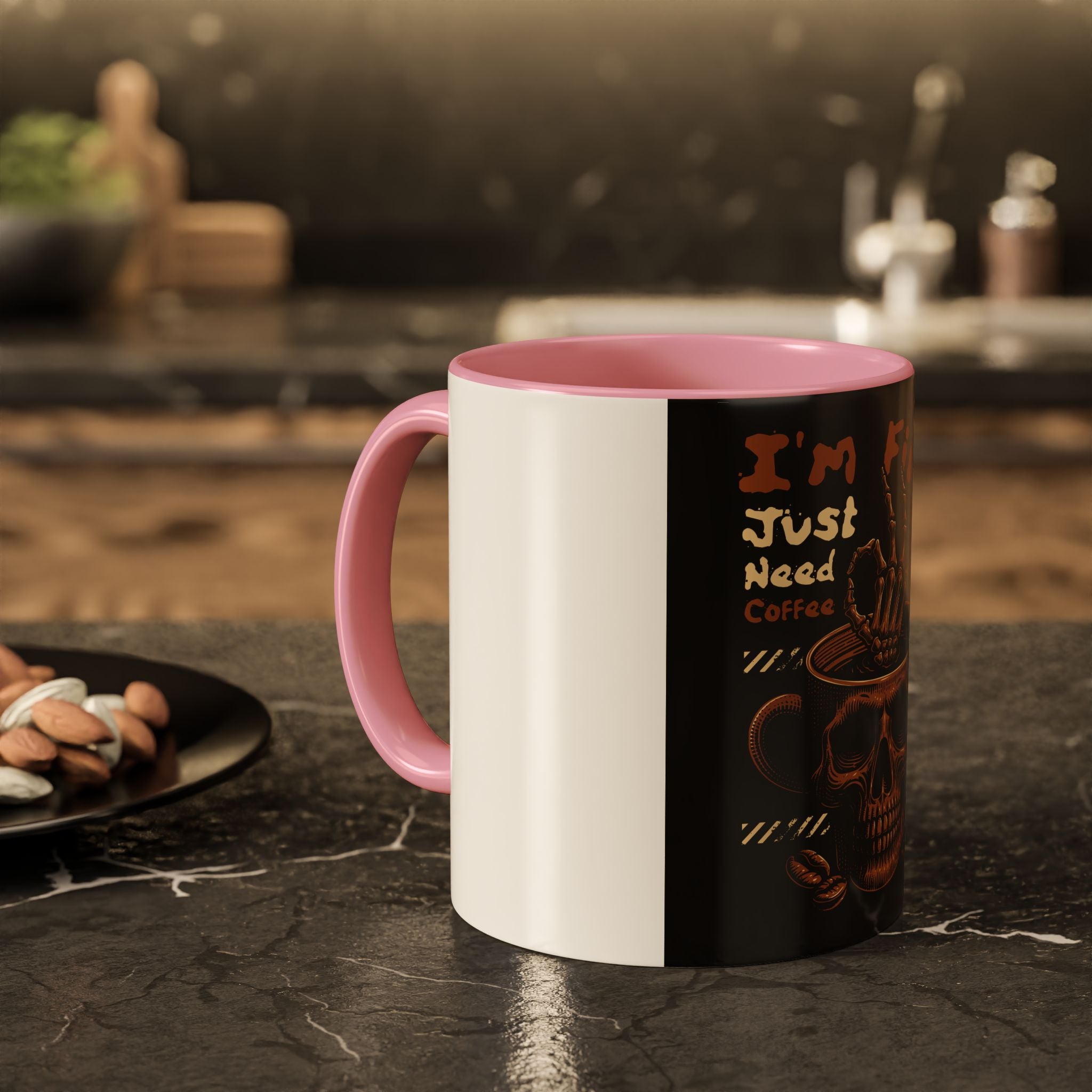Skull Coffee Mug – "I'm Fine Just Need Coffee" Gothic Ceramic Mug
