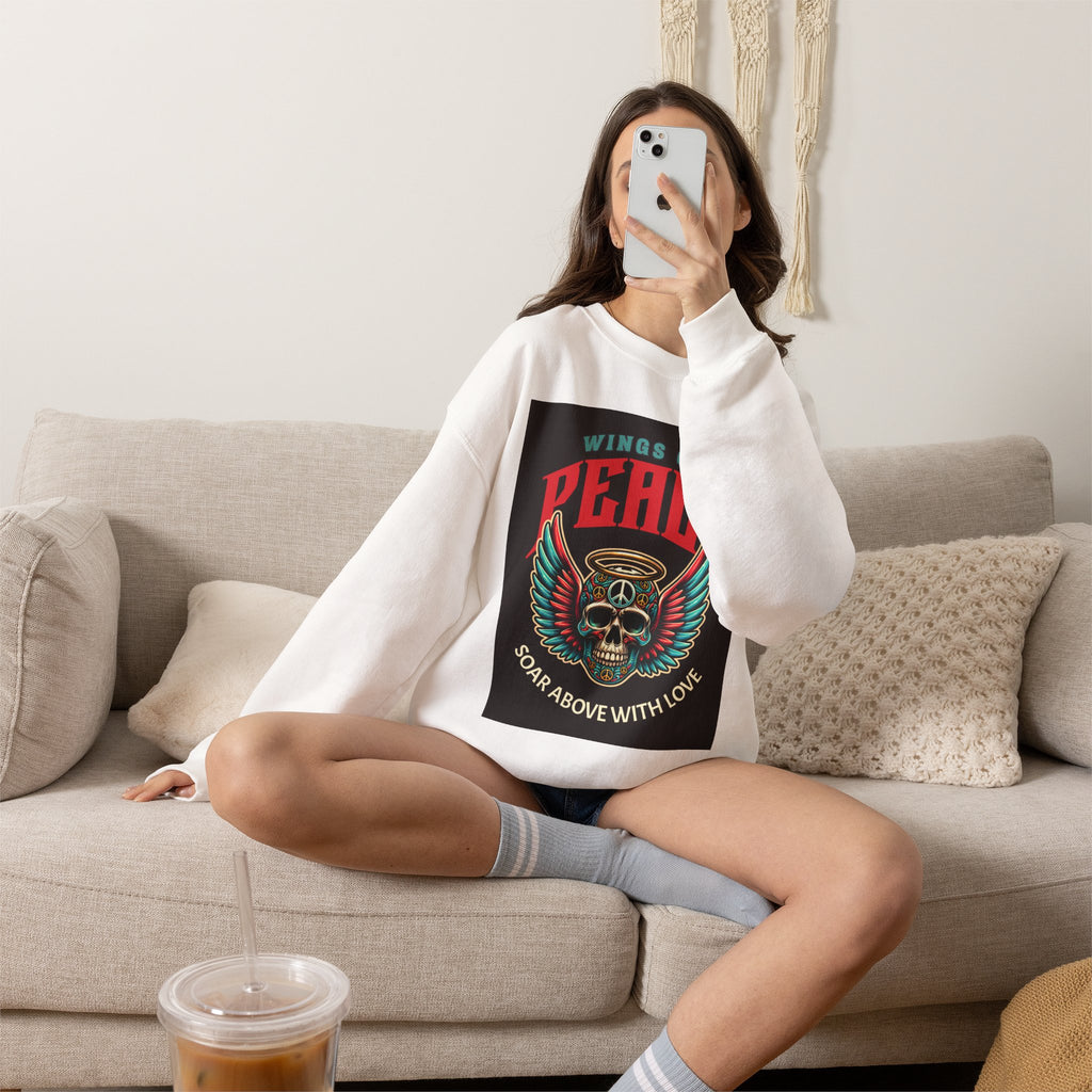 Wings of Peace Skull Crewneck Sweatshirt — Soar Above With Love Graphic