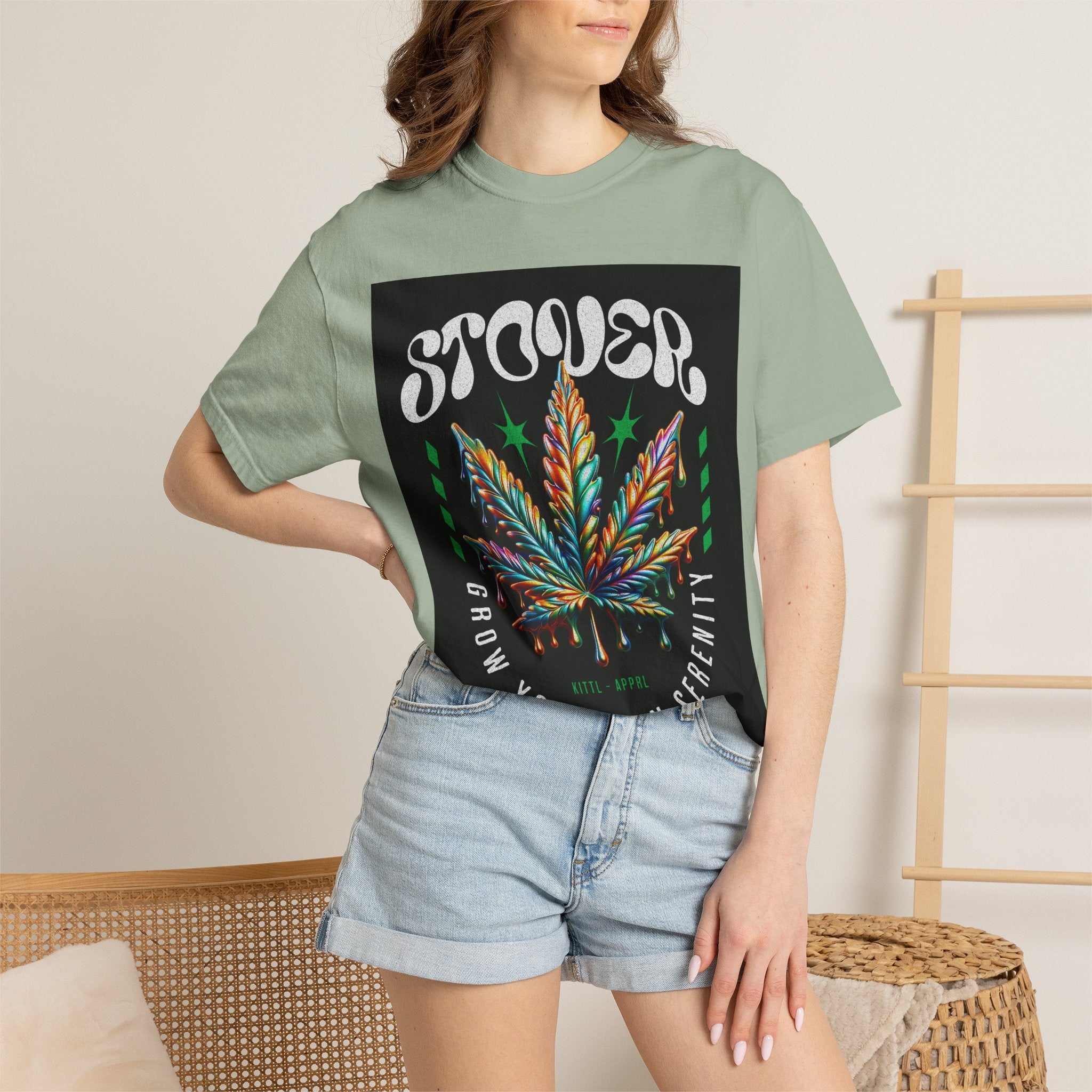 T-Shirt — Stover "Grow Your Own Serenity" Colorful Cannabis Leaf Graphic