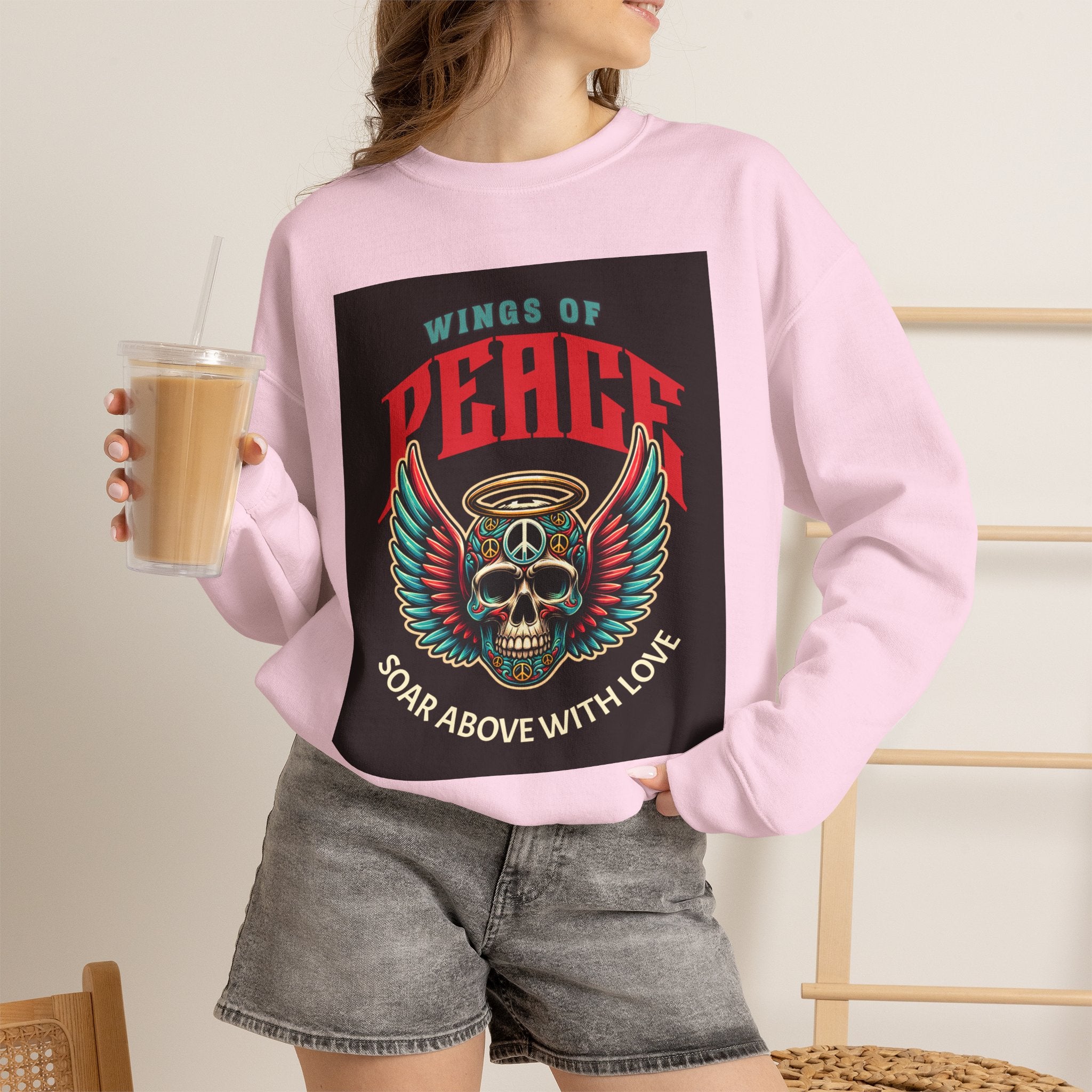 Wings of Peace Skull Crewneck Sweatshirt — Soar Above With Love Graphic
