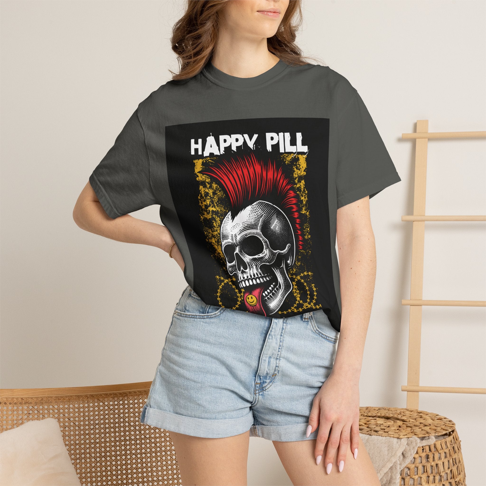 Happy Pill Punk Skull T-Shirt — 'Happy Pill Medication' Graphic Tee