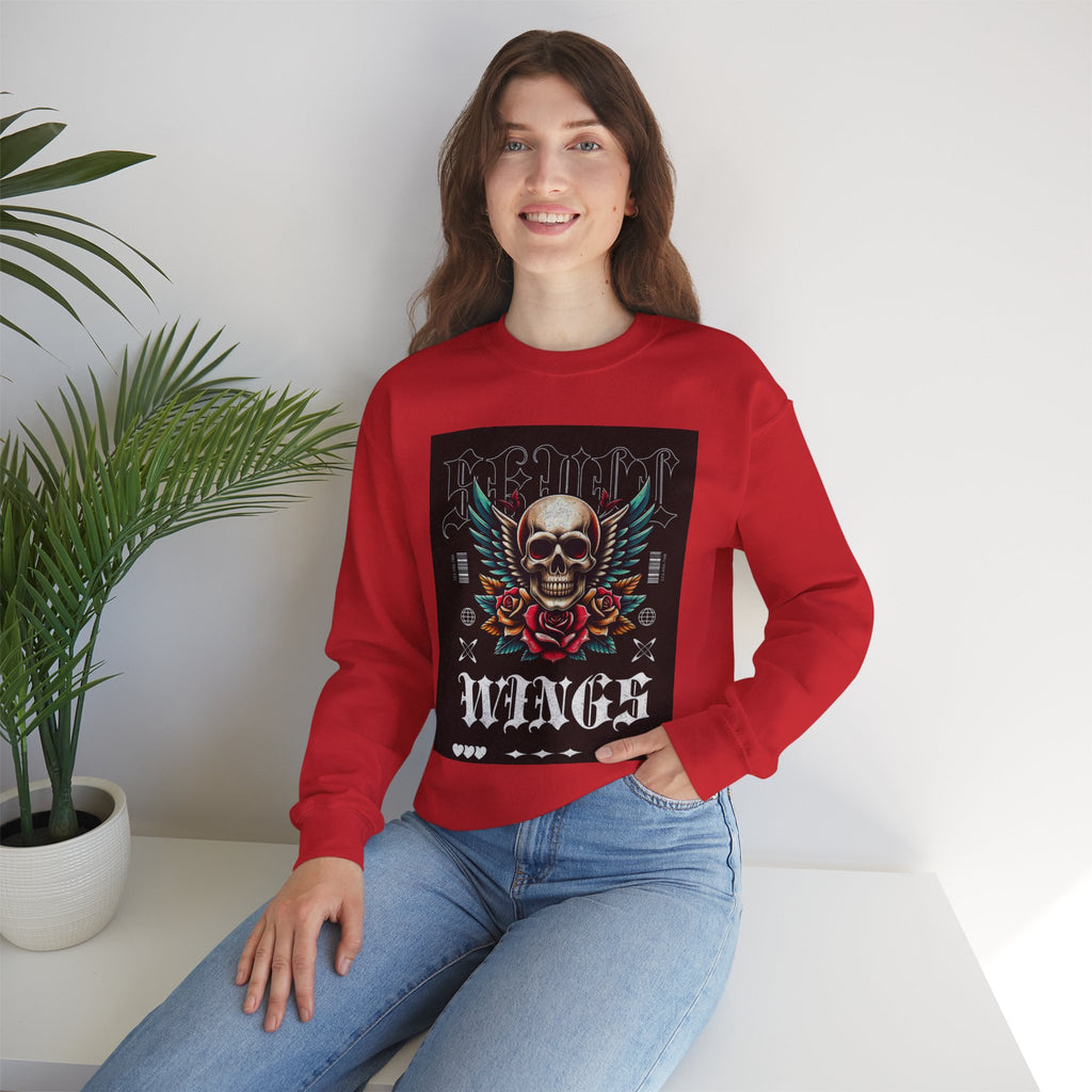 Skull Wings Crewneck Sweatshirt — Vintage Tattoo Skull with Rose Graphic